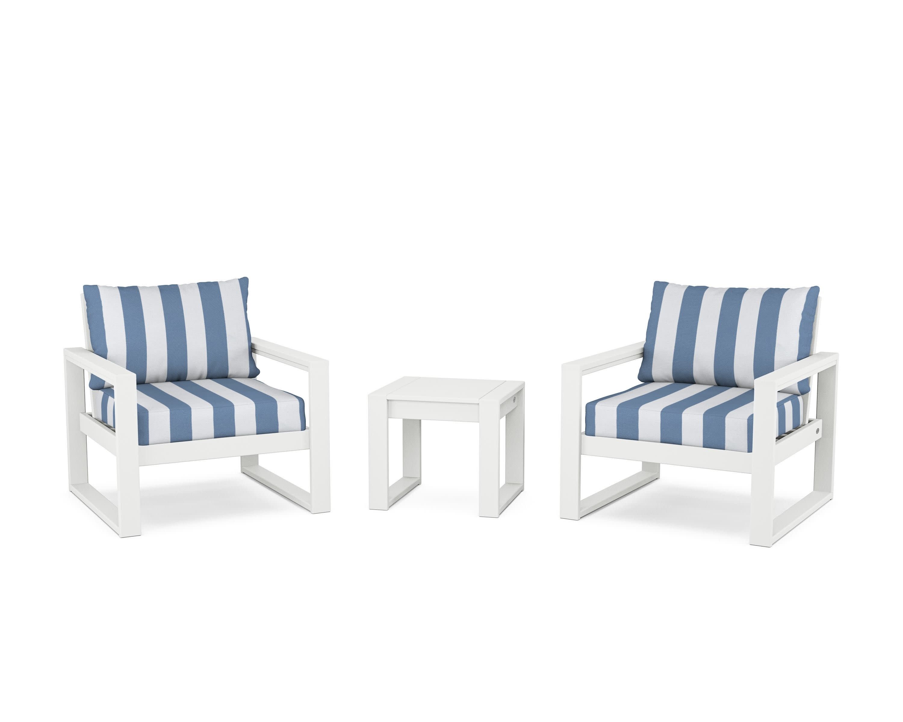 EDGE Sectional 3-Piece Deep Seating Set in White / Cabana Stripe Sky Blue