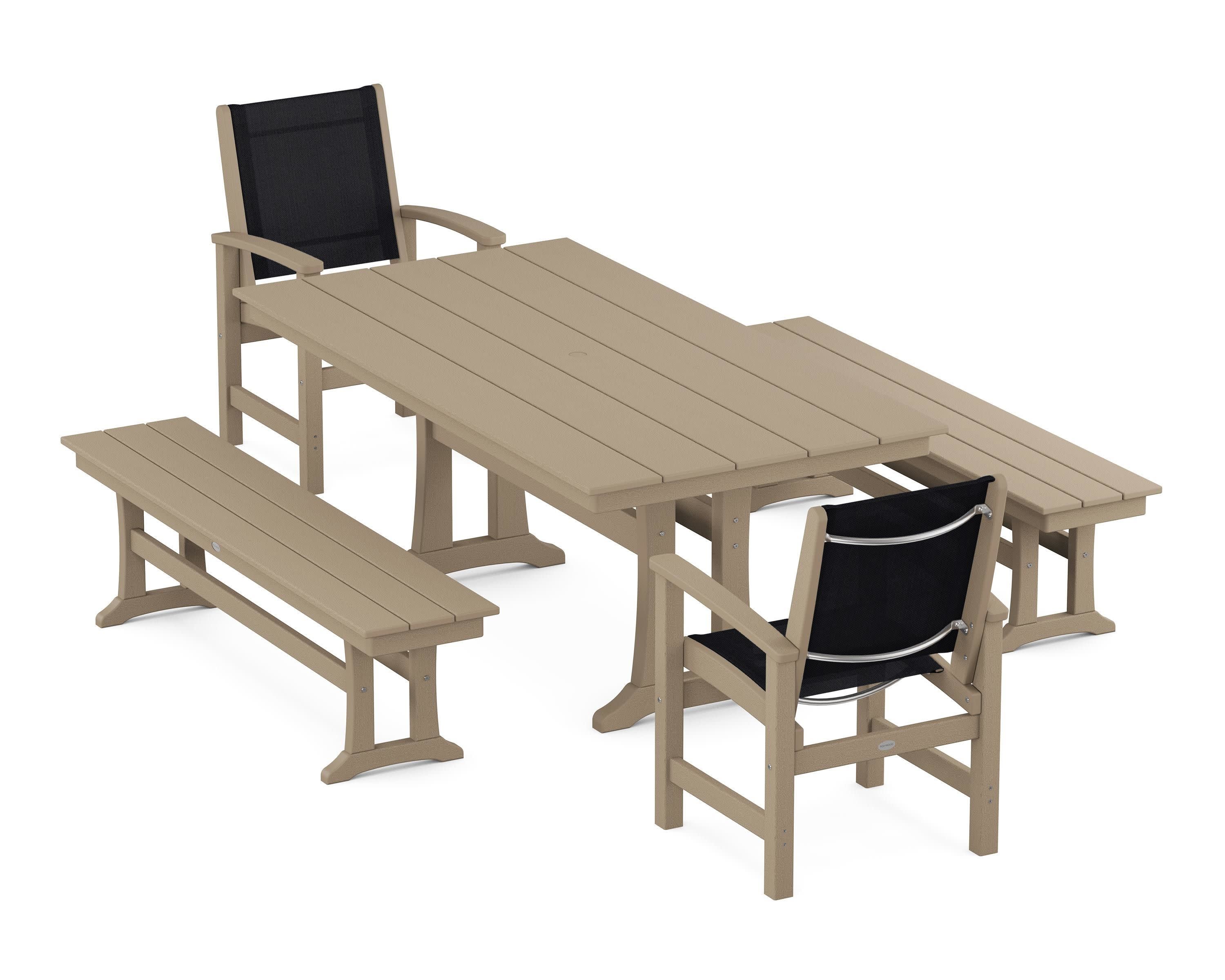 Coastal 5-Piece Farmhouse Dining Set with Trestle Legs and Benches in Vintage Sahara / Black Sling