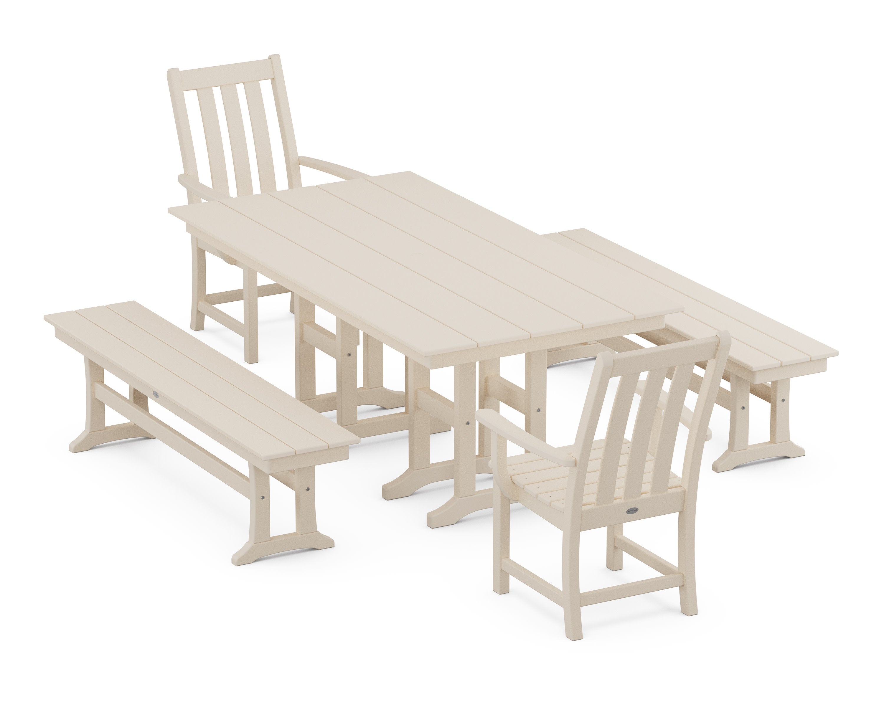 Vineyard 5-Piece Farmhouse Dining Set with Benches in Sand