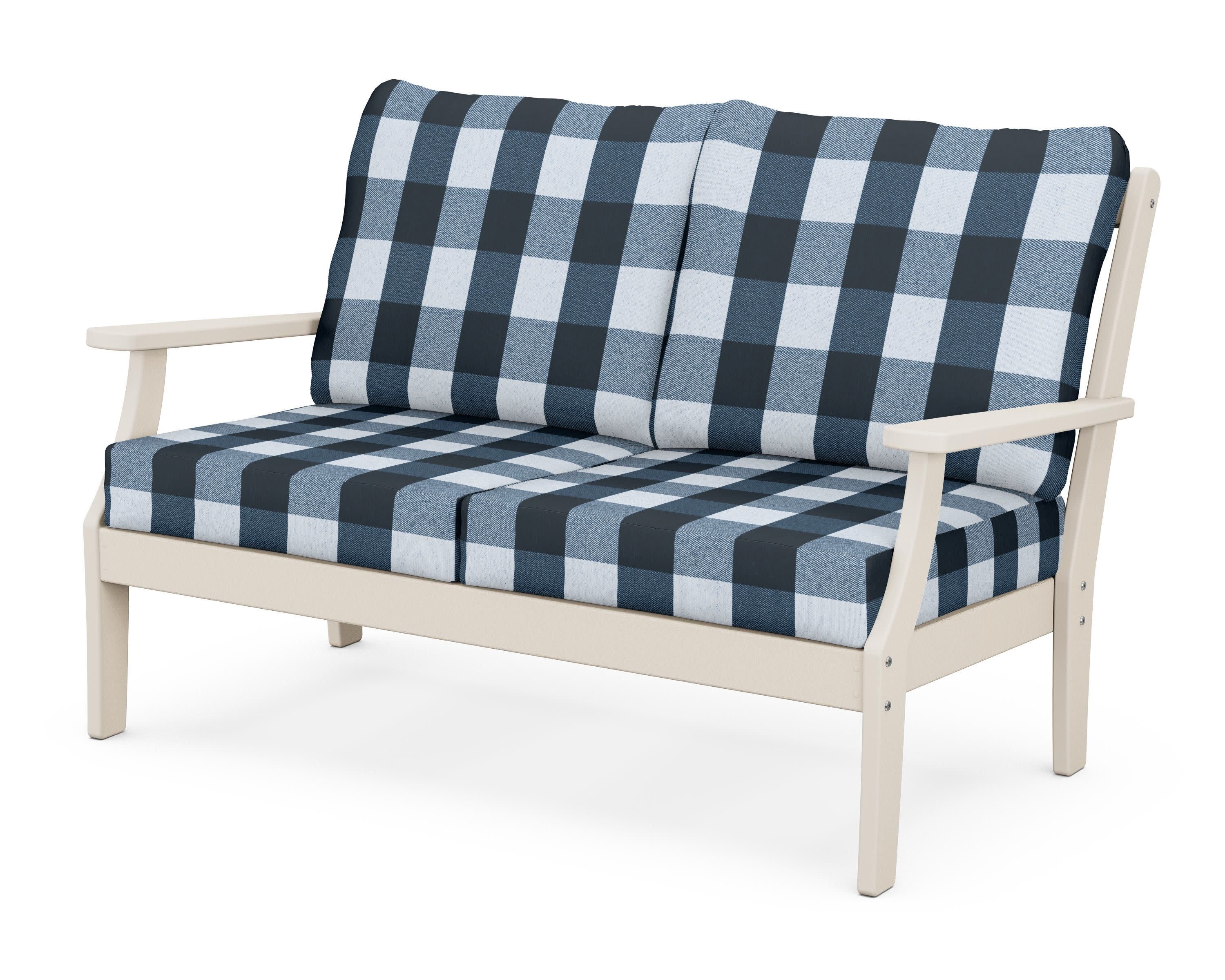 Braxton Deep Seating Loveseat in Sand / Buffalo Plaid Marine Indigo