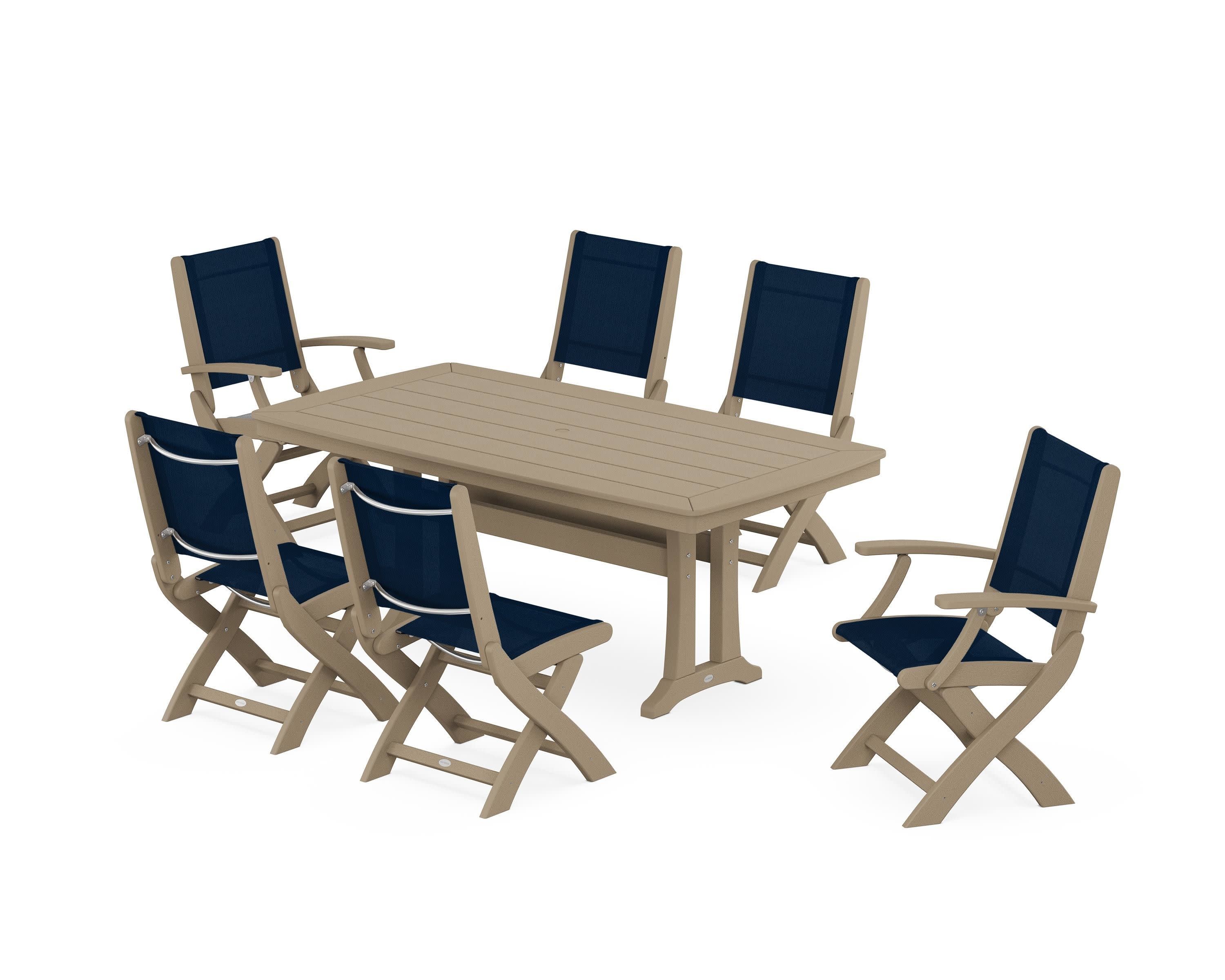 Coastal Folding Chair 7-Piece Dining Set with Trestle Legs in Vintage Sahara / Navy Blue Sling