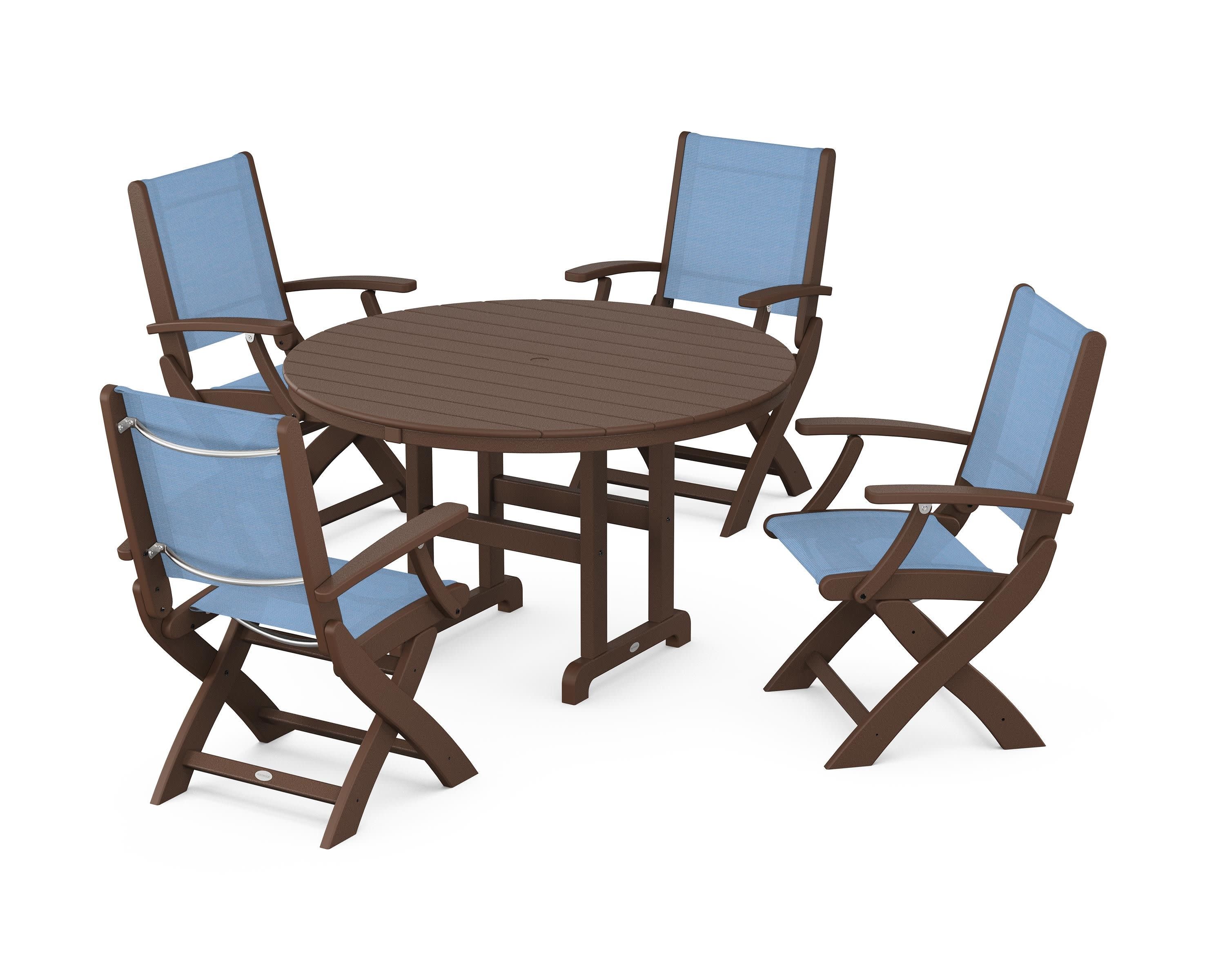 Coastal Folding Chair 5-Piece Round Dining Set in Mahogany / Poolside Sling