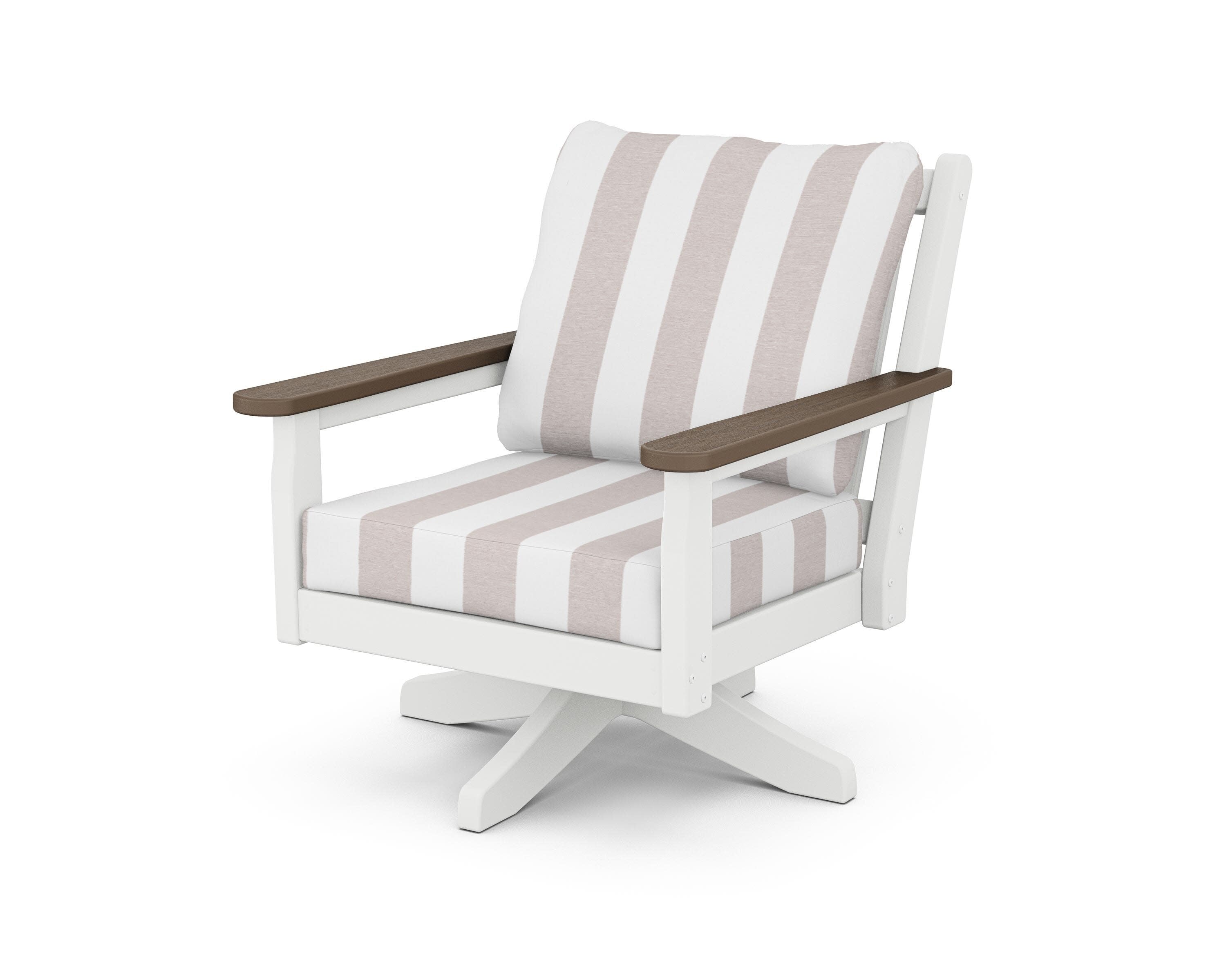 Chippendale Deep Seating Swivel Chair in White / Kona / Cabana Stripe Dune Burlap