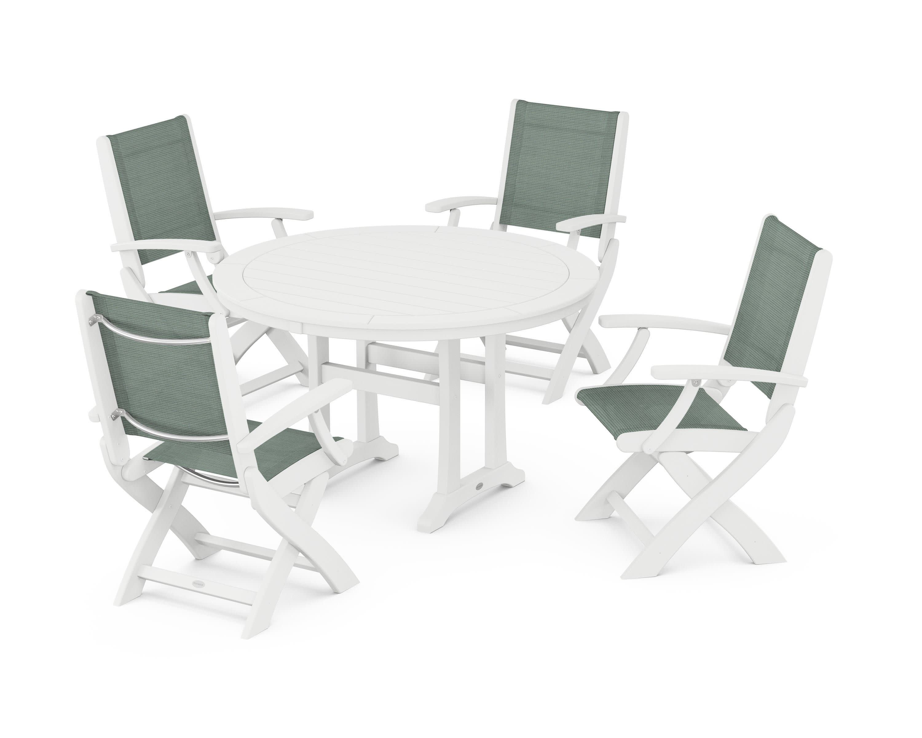 Coastal Folding Chair 5-Piece Round Dining Set with Trestle Legs in White / Dupioni Sea Mist Sling