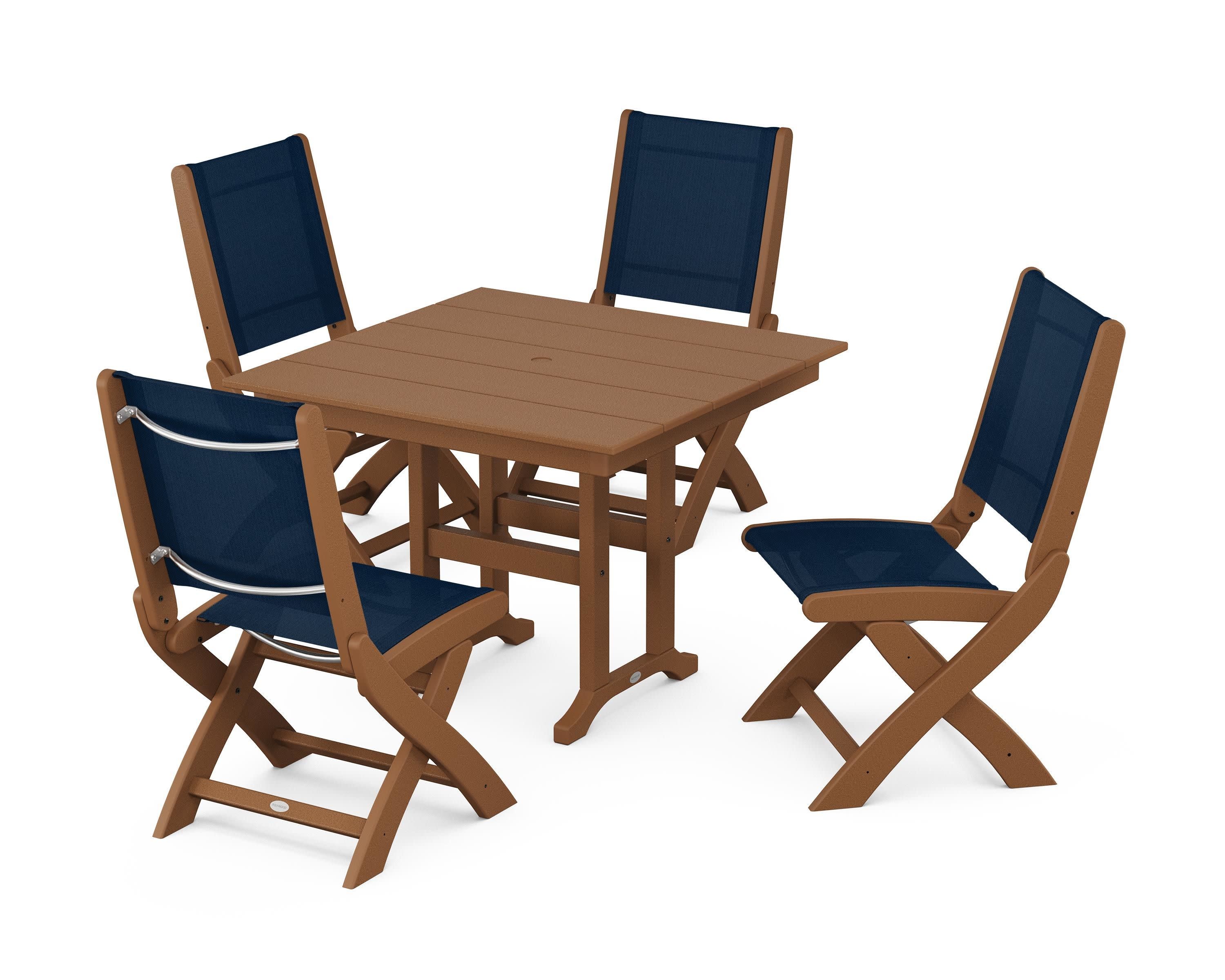 Coastal Folding Side Chair 5-Piece Farmhouse Dining Set in Teak / Navy Blue Sling