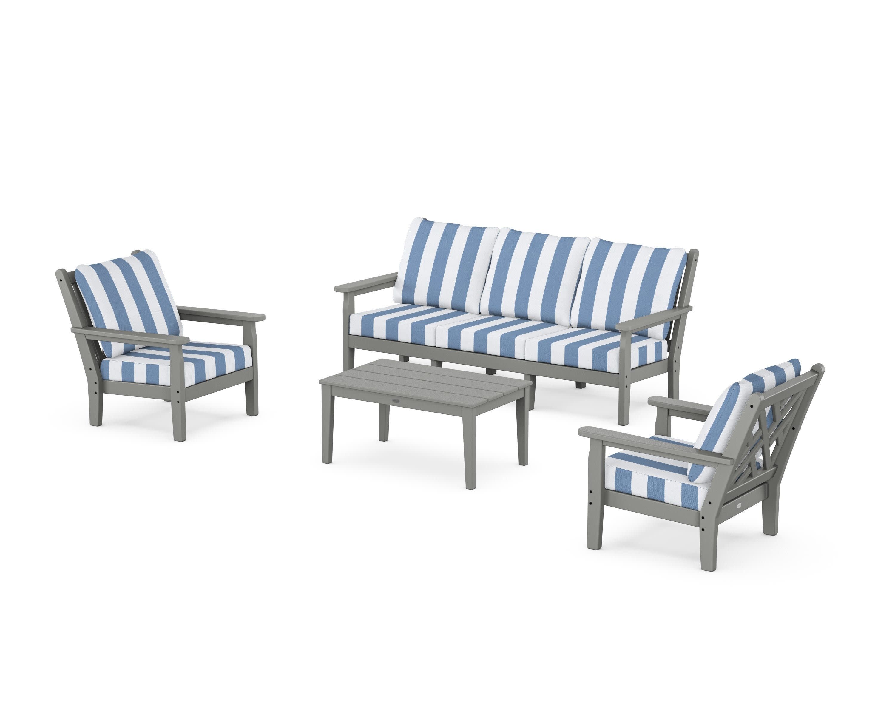 Chippendale 4-Piece Deep Seating Set with Sofa in Slate Grey / Cabana Stripe Sky Blue