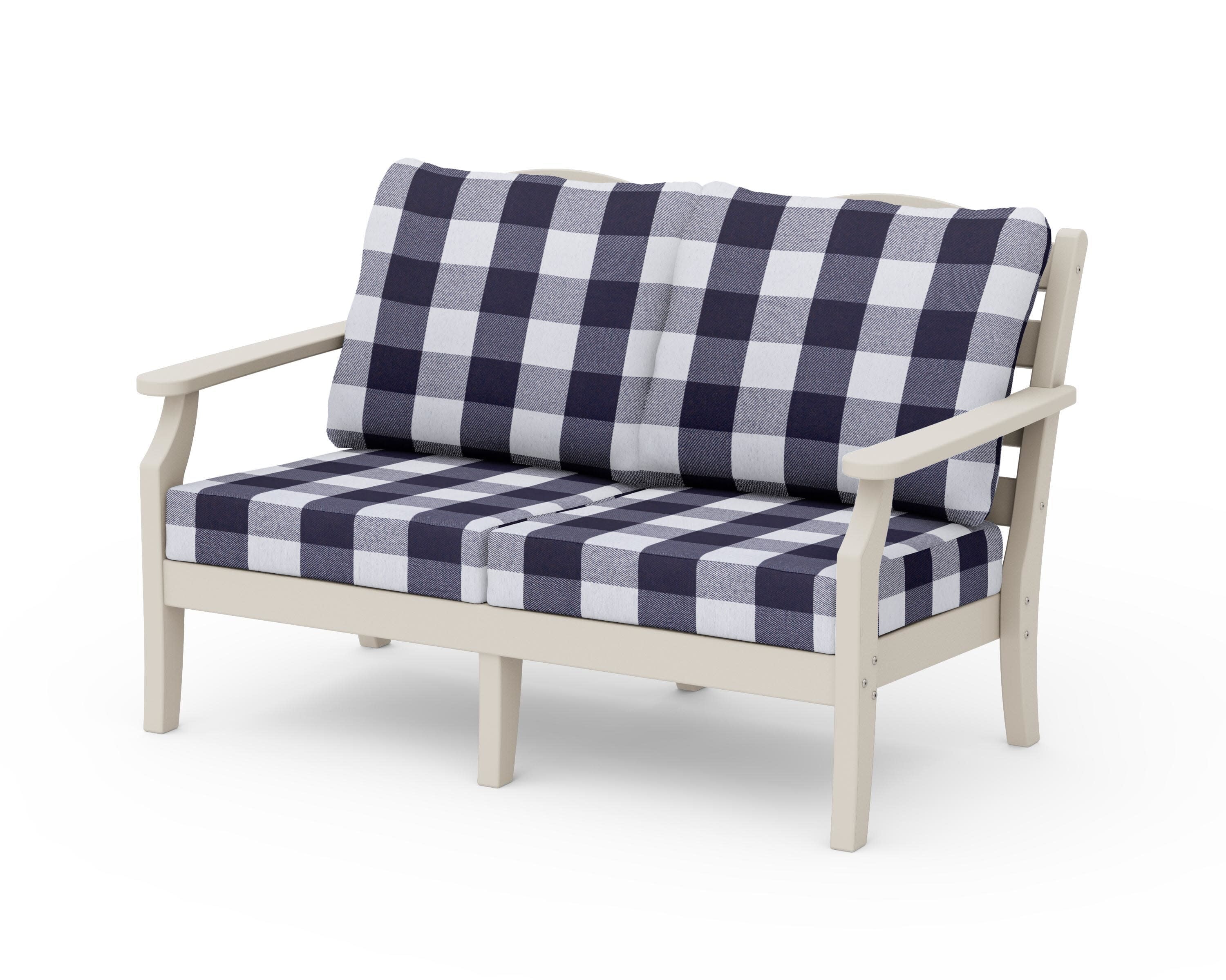 Savannah Deep Seating Loveseat in Sand / Buffalo Plaid Navy