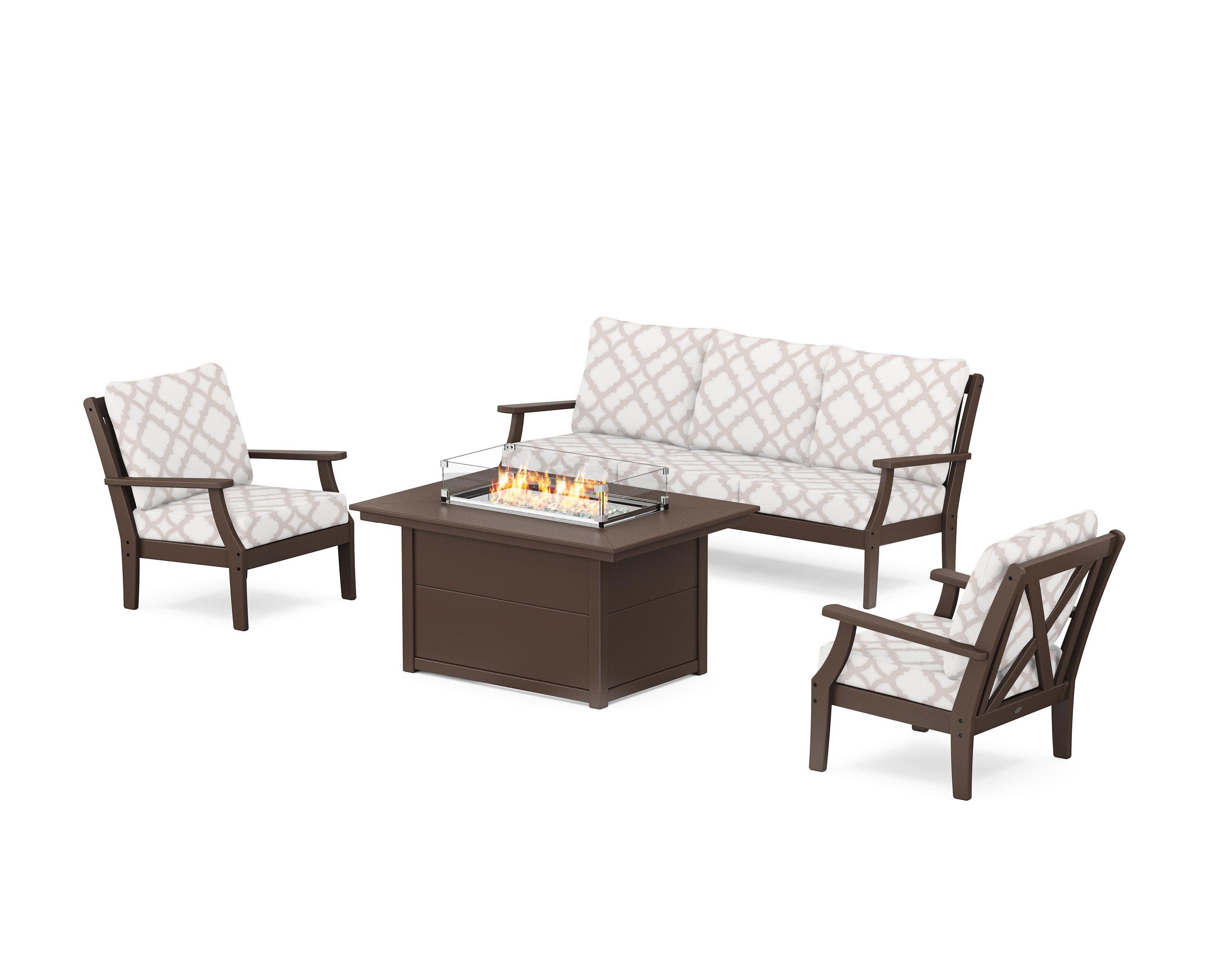 Braxton Deep Seating Fire Pit Table Set in Mahogany / Trellis Dune Burlap