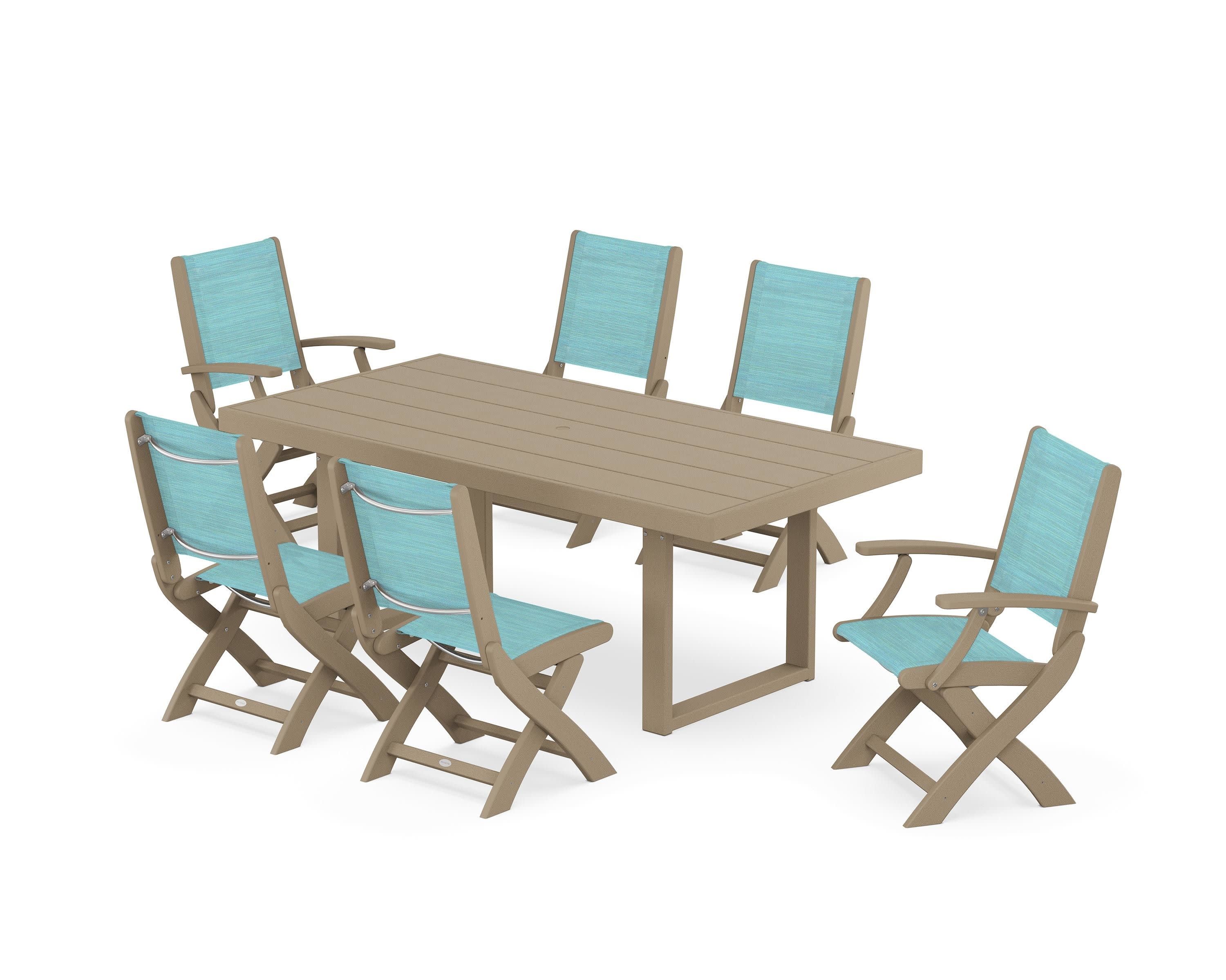 Coastal Folding Chair 7-Piece Dining Set with Trestle Legs in Vintage Sahara / Dupioni Aquamarine Sling