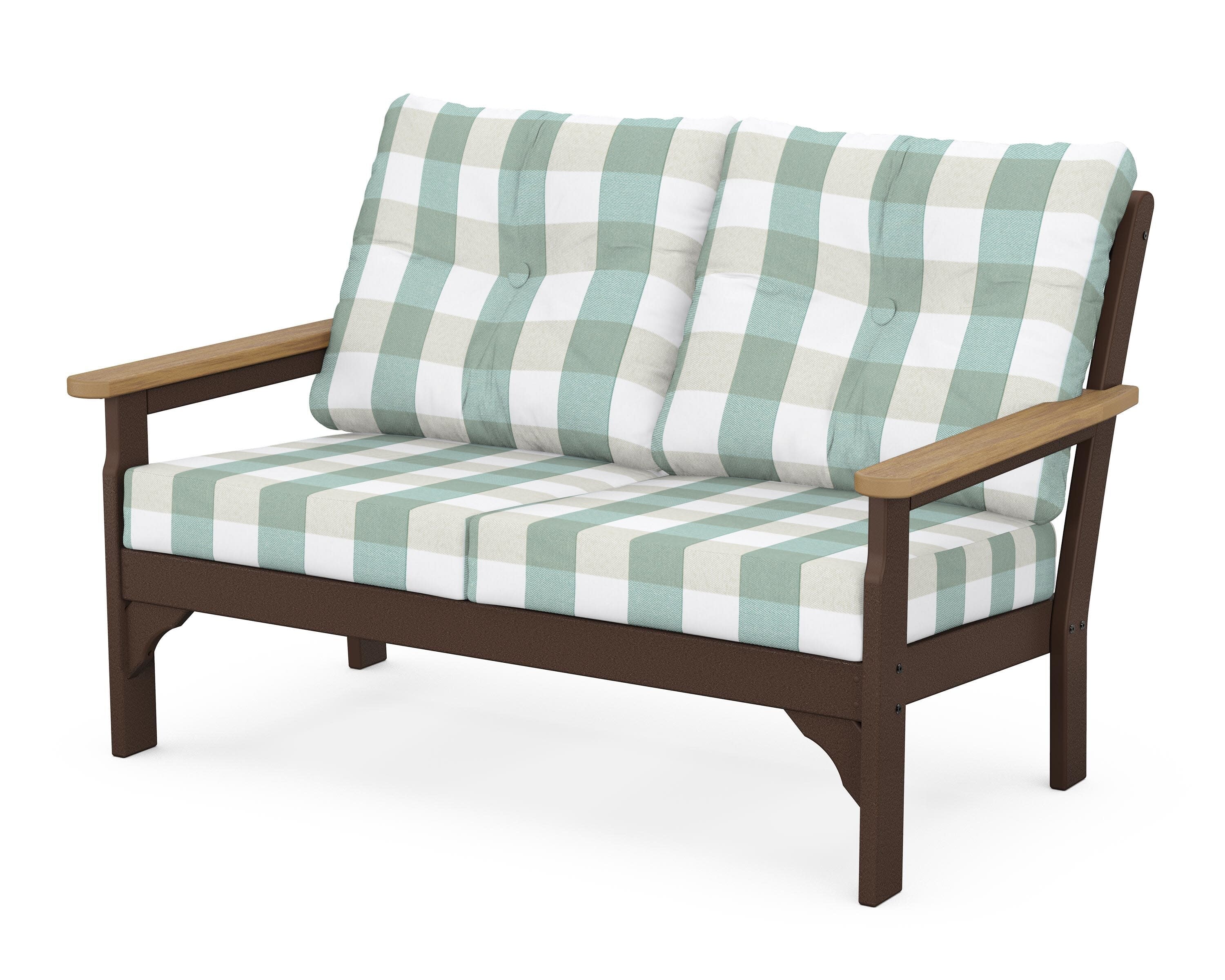 Vineyard Deep Seating Loveseat in Mahogany / Natural / Buffalo Plaid Glacier Spa