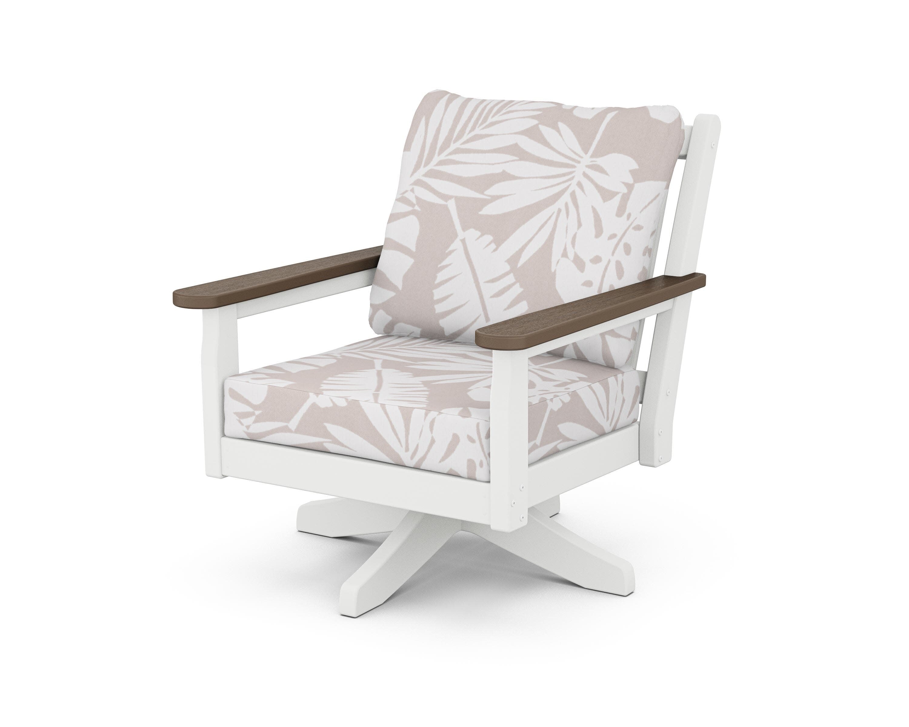 Chippendale Deep Seating Swivel Chair in White / Kona / Leaf Dune Burlap