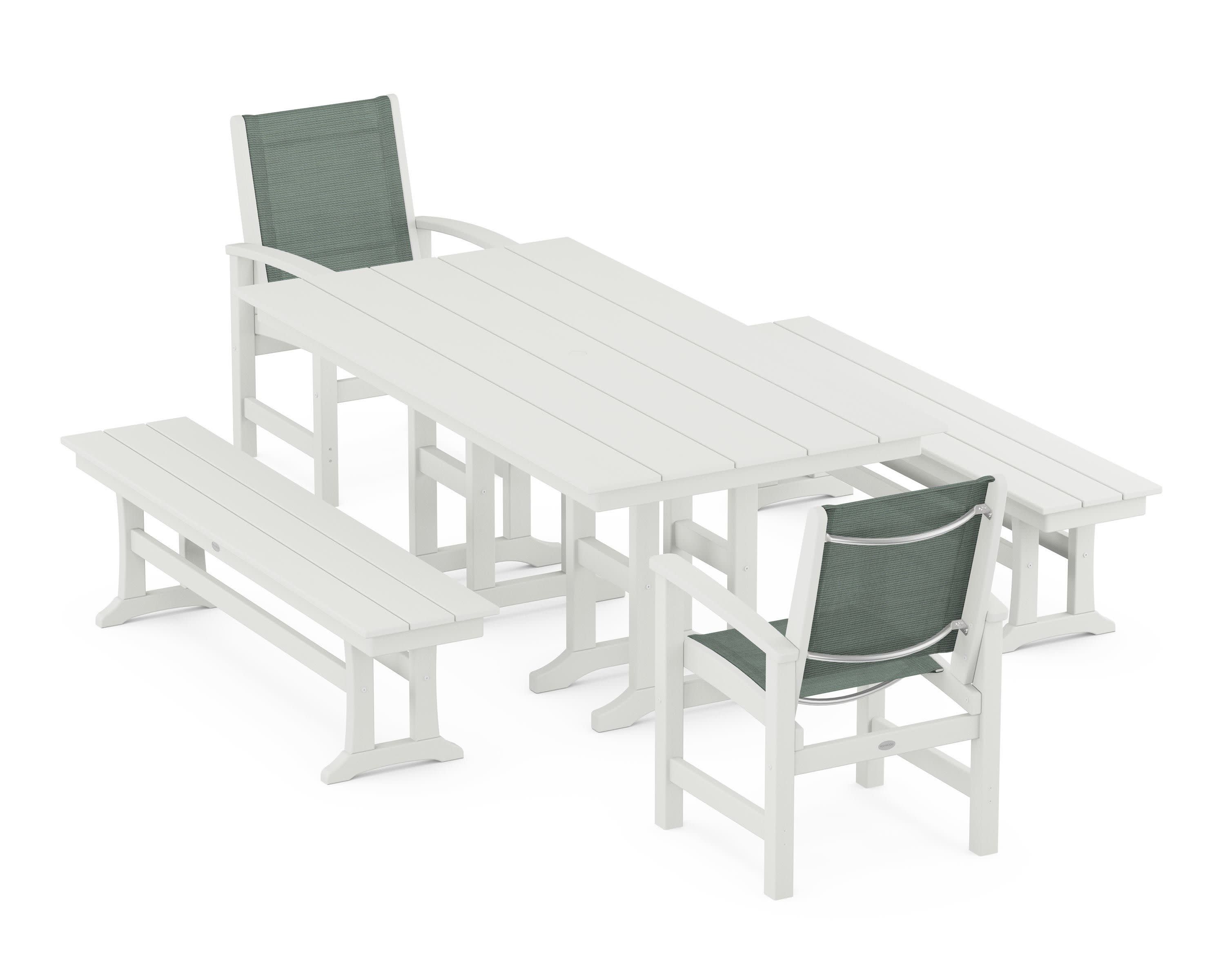 Coastal 5-Piece Farmhouse Dining Set in Vintage White / Dupioni Sea Mist Sling