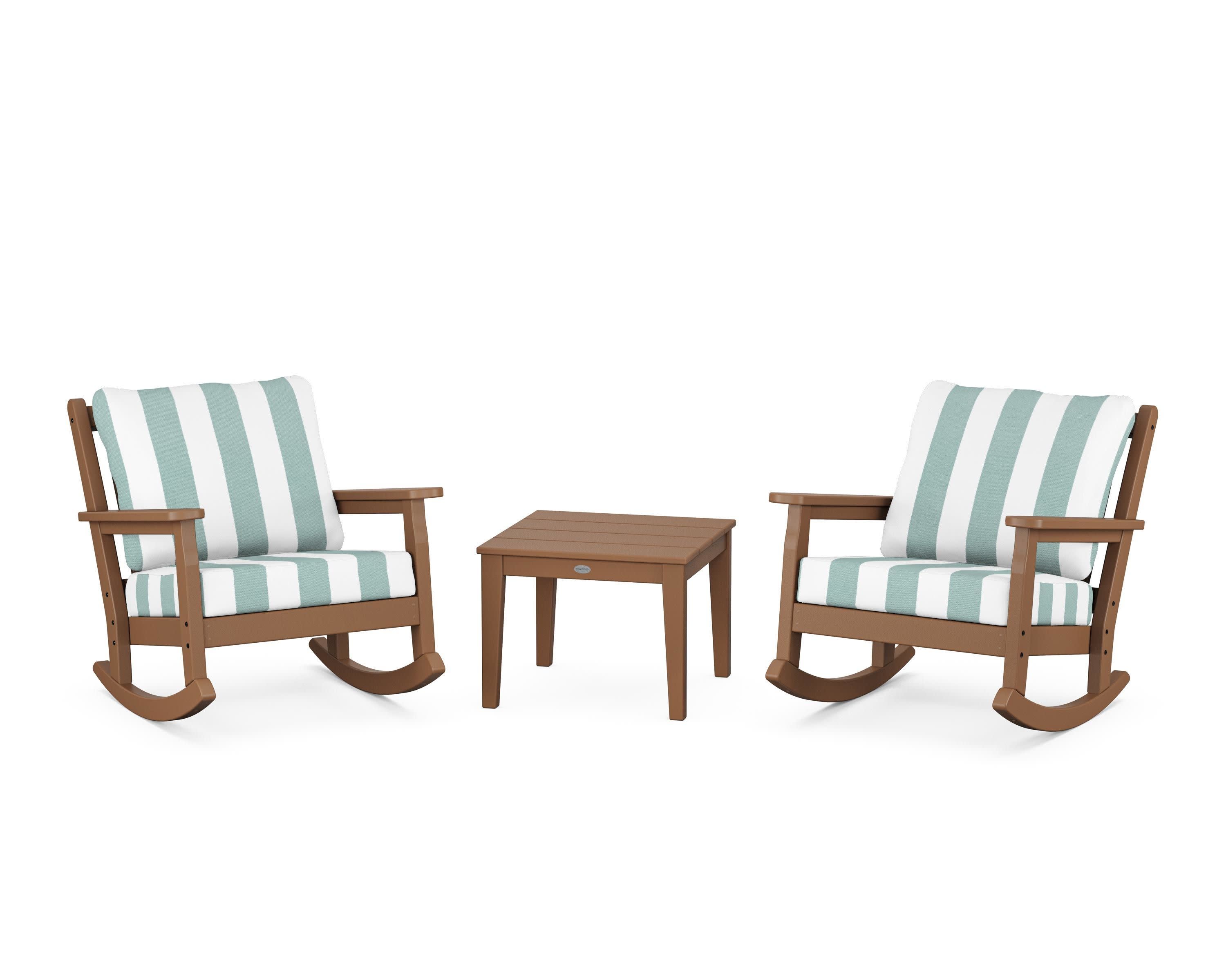 Chippendale 3-Piece Deep Seating Rocker Set in Teak / Cabana Stripe Glacier Spa