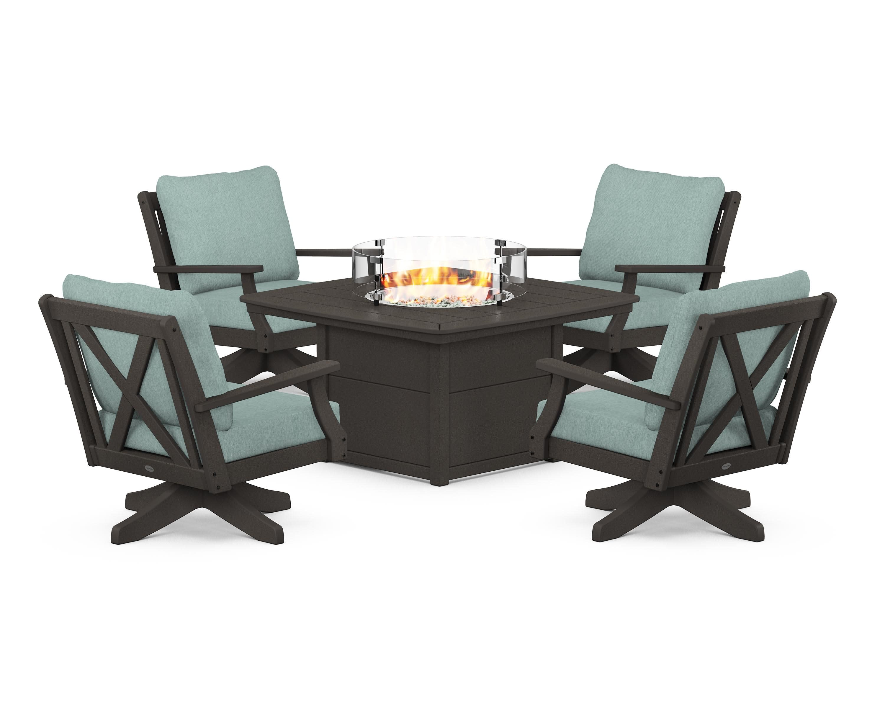 Braxton 5-Piece Deep Seating Swivel Conversation Set with Fire Pit Table in Vintage Coffee / Glacier Spa