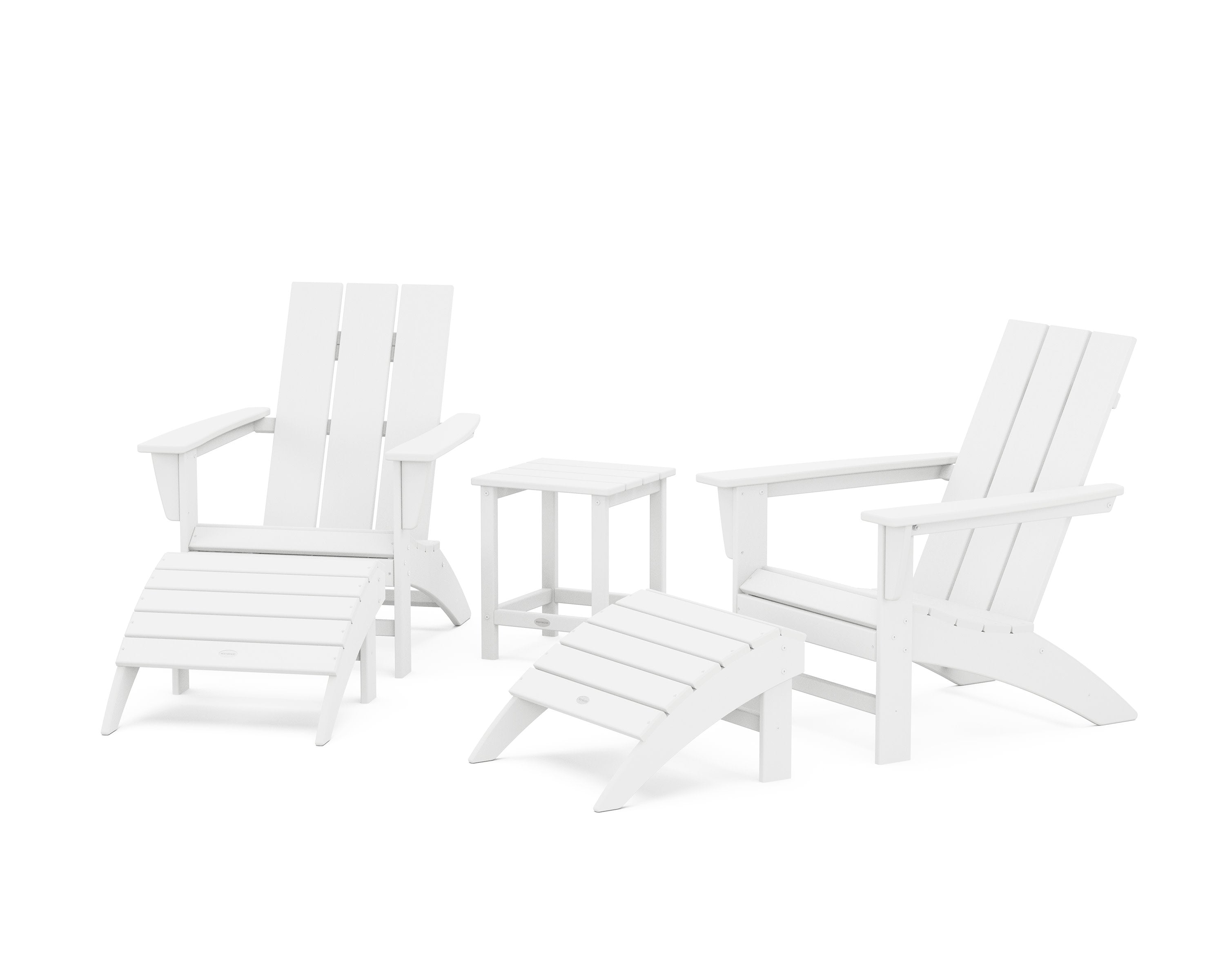 Modern Adirondack Chair 5-Piece Set with Ottomans and 18" Side Table in White