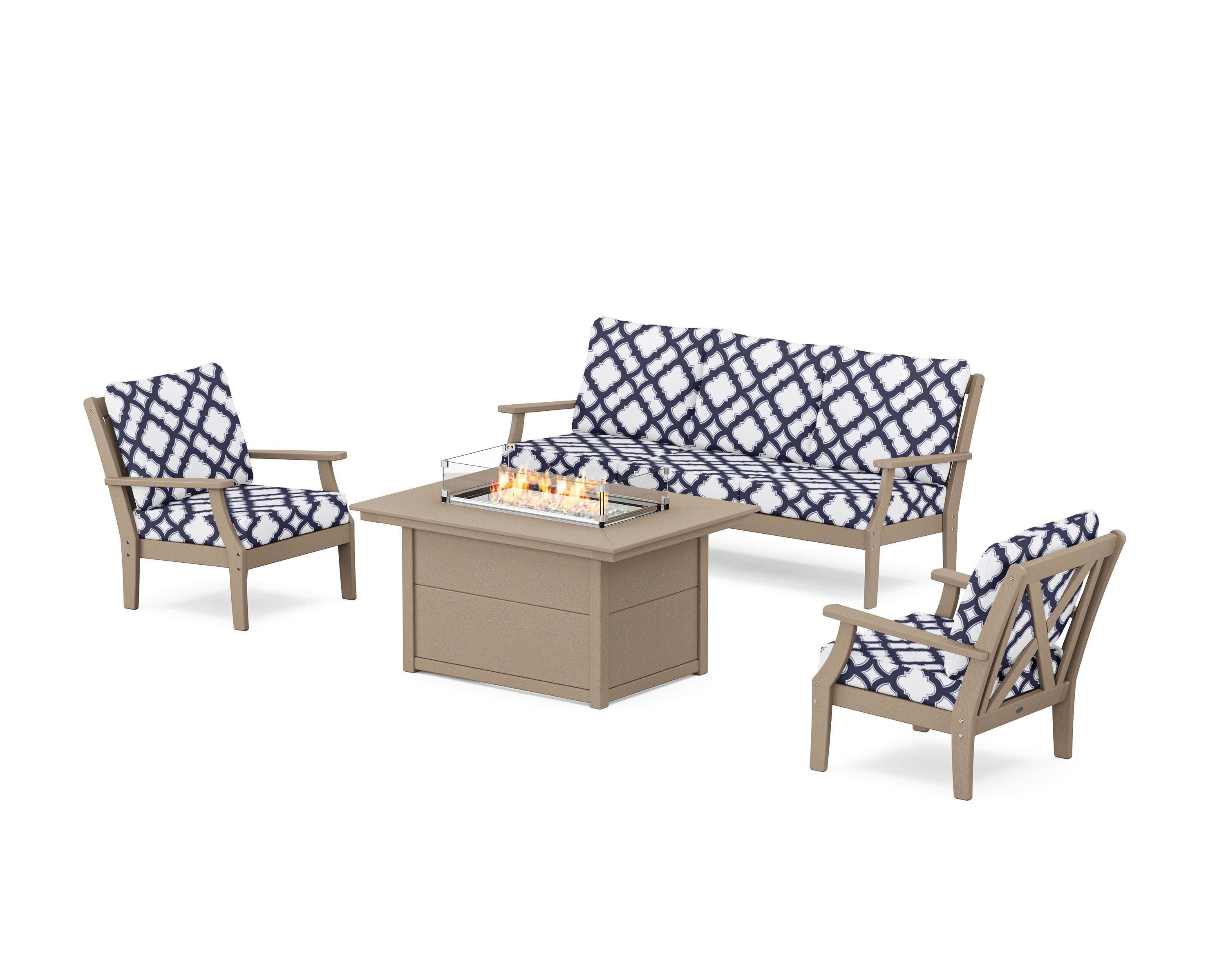Braxton Deep Seating Fire Pit Table Set in Vintage Sahara / Trellis Navy