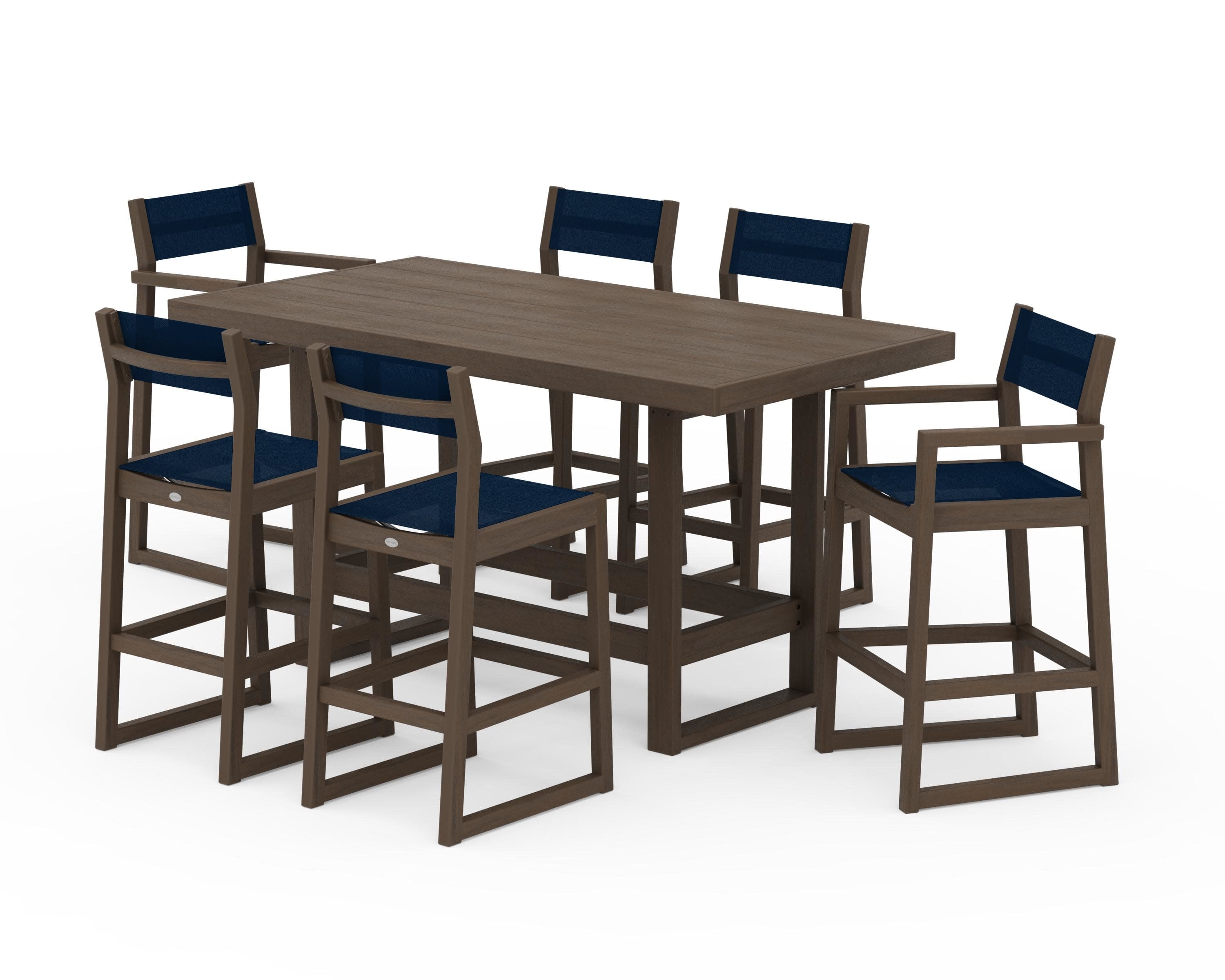 EDGE Sling 7-Piece Bar Table Set in Kona / Navy Blue Sling