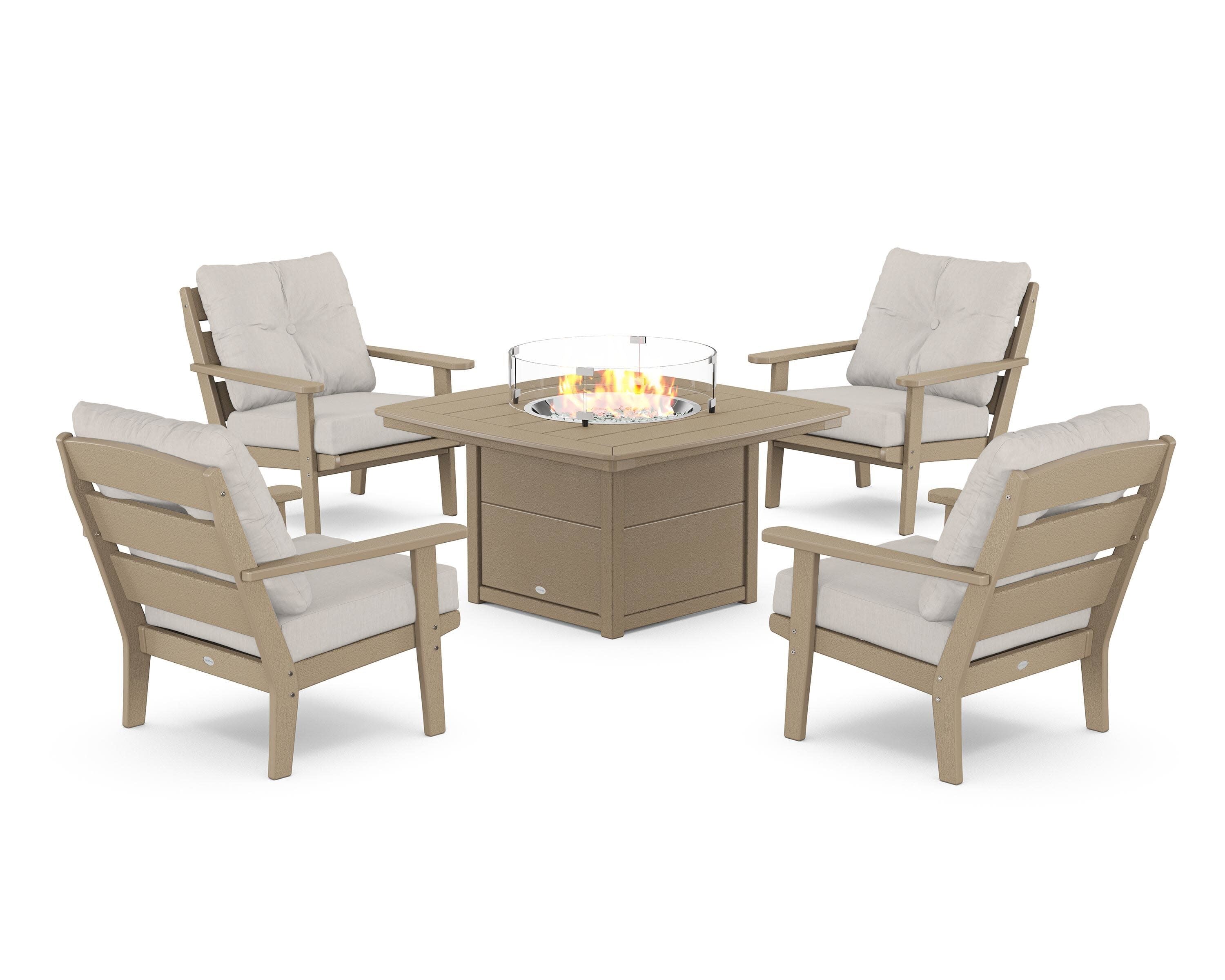 Lakeside 5-Piece Deep Seating Set with Nautical Fire Pit Table in Vintage Sahara / Cast Ash