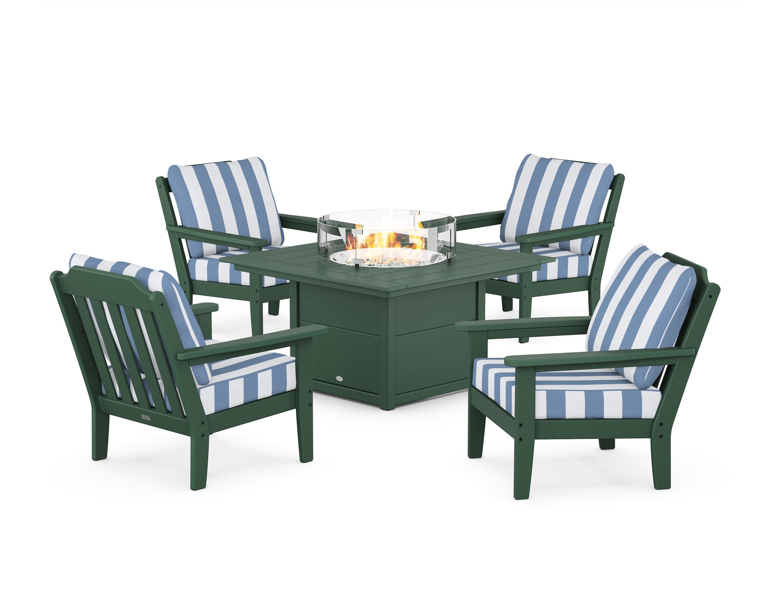 Cottage 5-Piece Deep Seating Set with Fire Pit Table in Green / Cabana Stripe Sky Blue