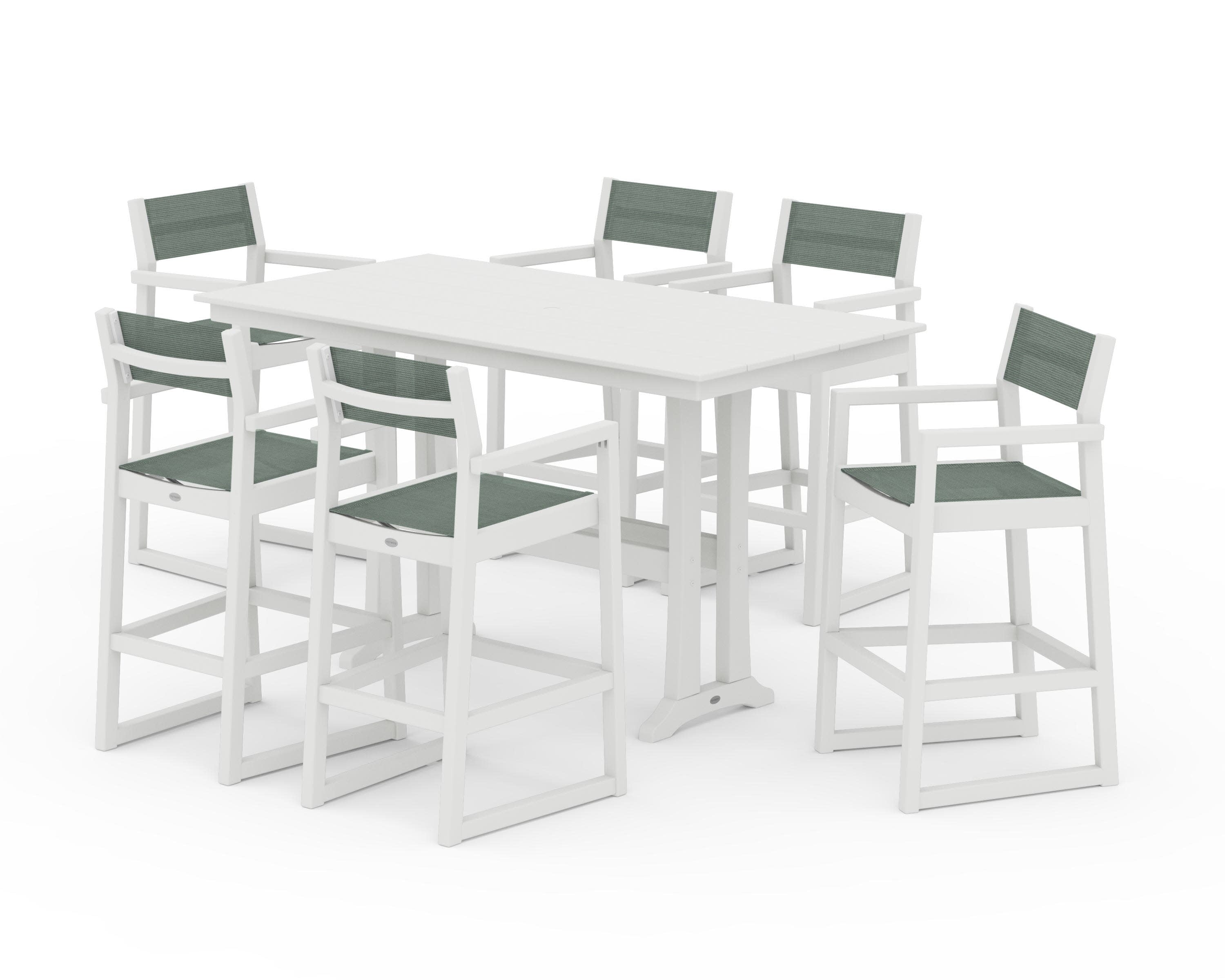 EDGE Sling Arm Chair 7-Piece Farmhouse Bar Set with Trestle Legs in Vintage White / Dupioni Sea Mist Sling