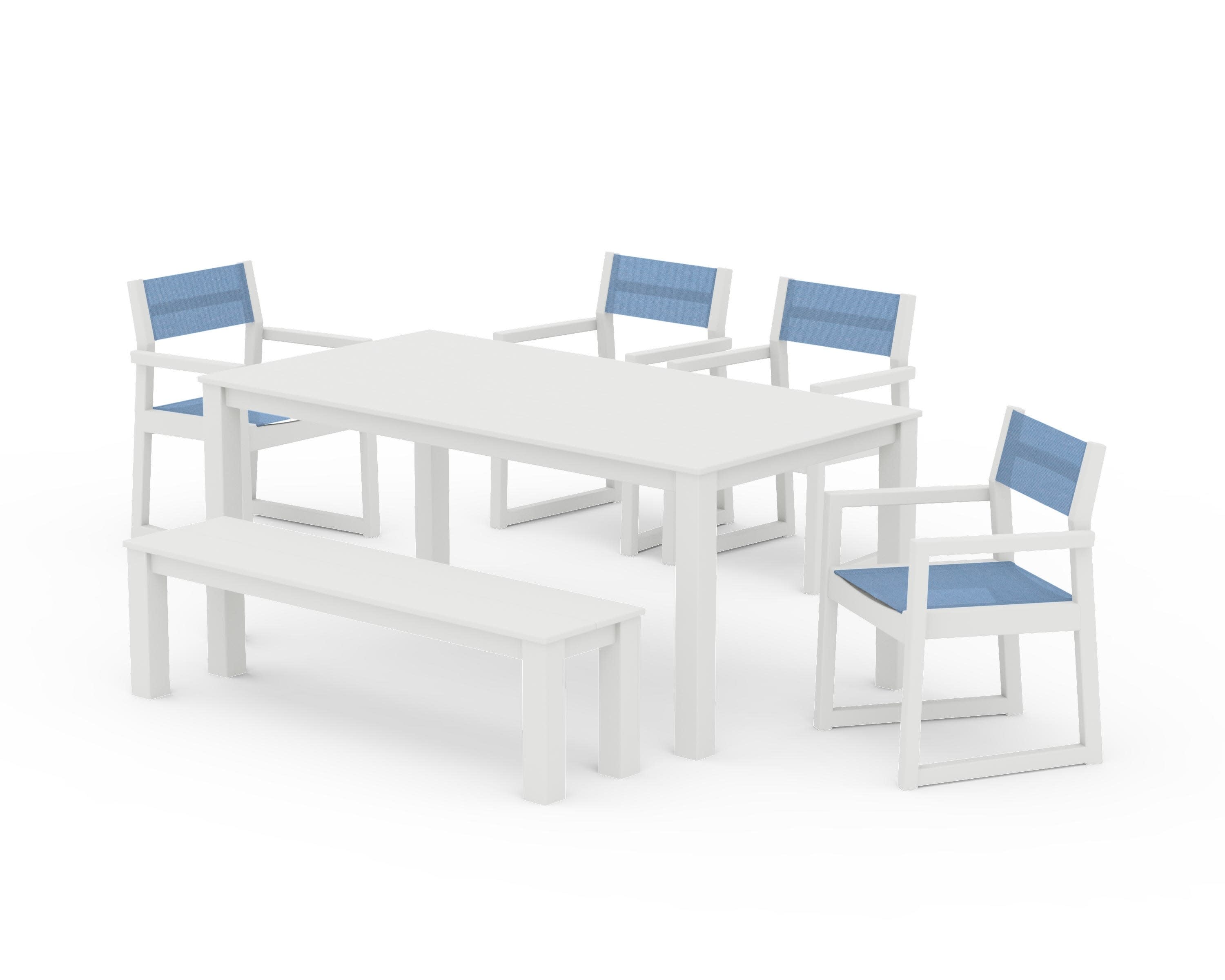 EDGE Sling Arm Chair 6-Piece Parsons Dining Set with Bench in Vintage White / Poolside Sling