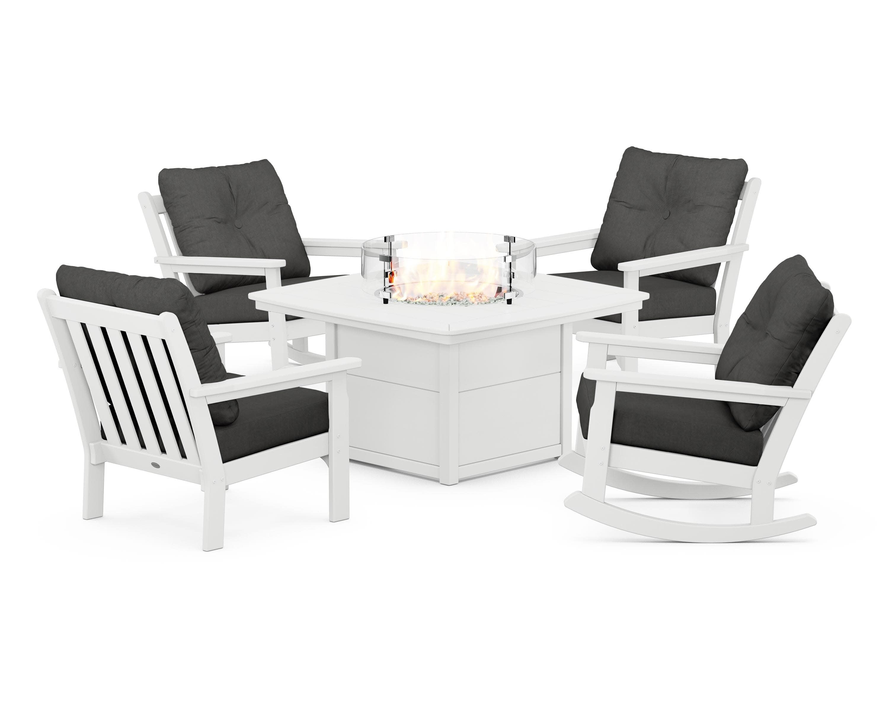 Vineyard 5-Piece Deep Seating Rocking Chair Conversation Set with Fire Pit Table in White / Spectrum Carbon