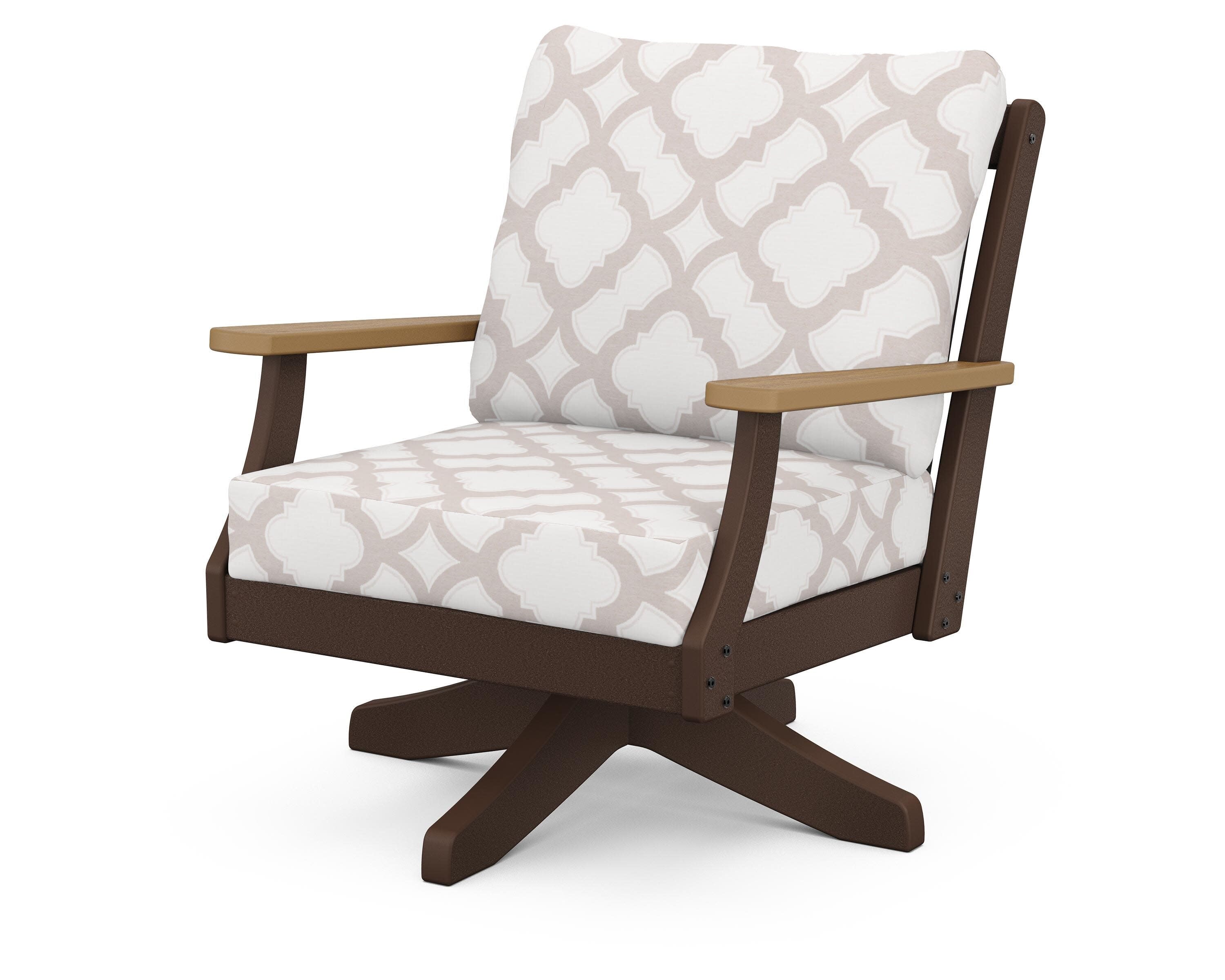 Braxton Deep Seating Swivel Chair in Mahogany / Natural / Trellis Dune Burlap