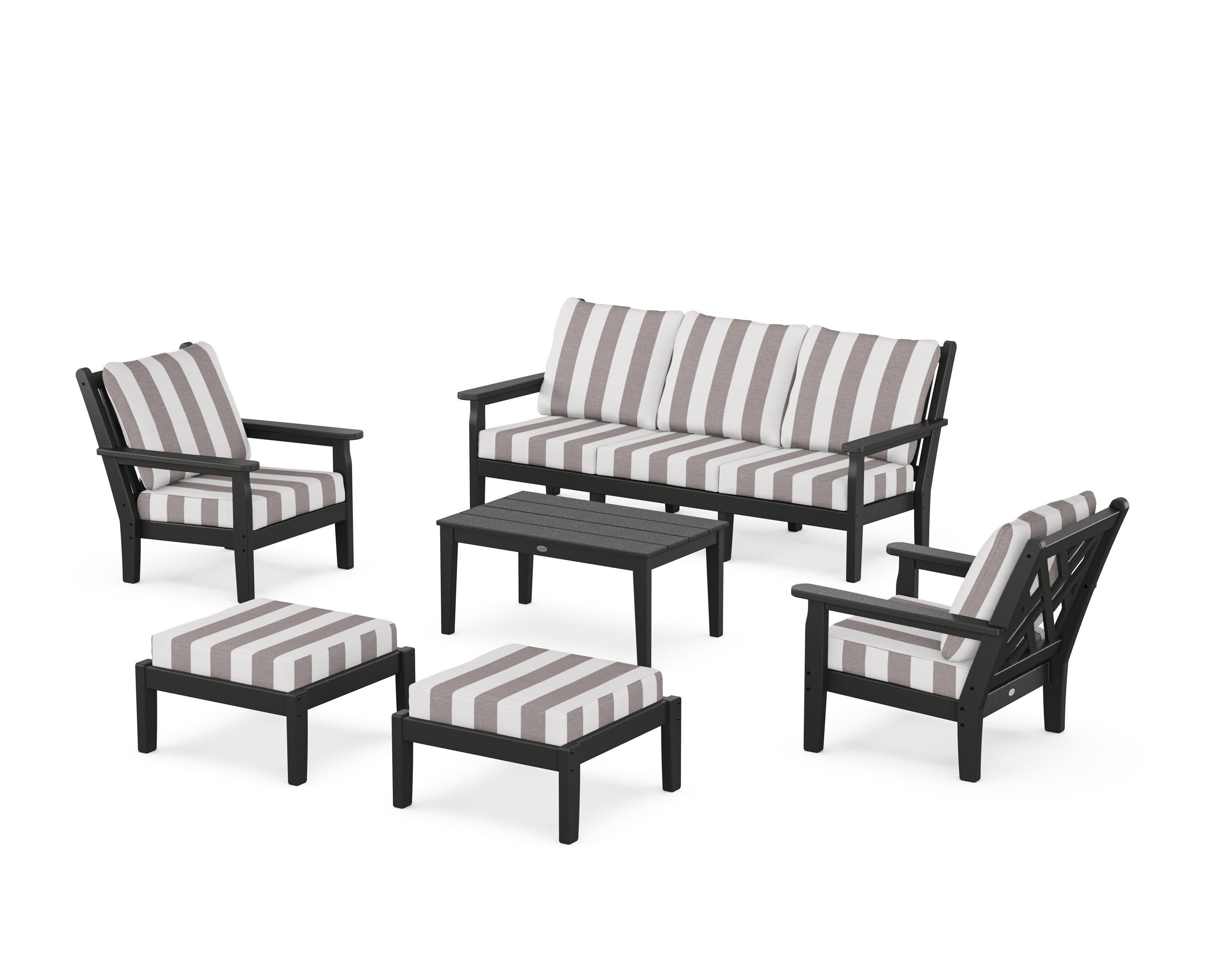 Chippendale 6-Piece Lounge Sofa Set in Black / Cabana Stripe Grey Mist