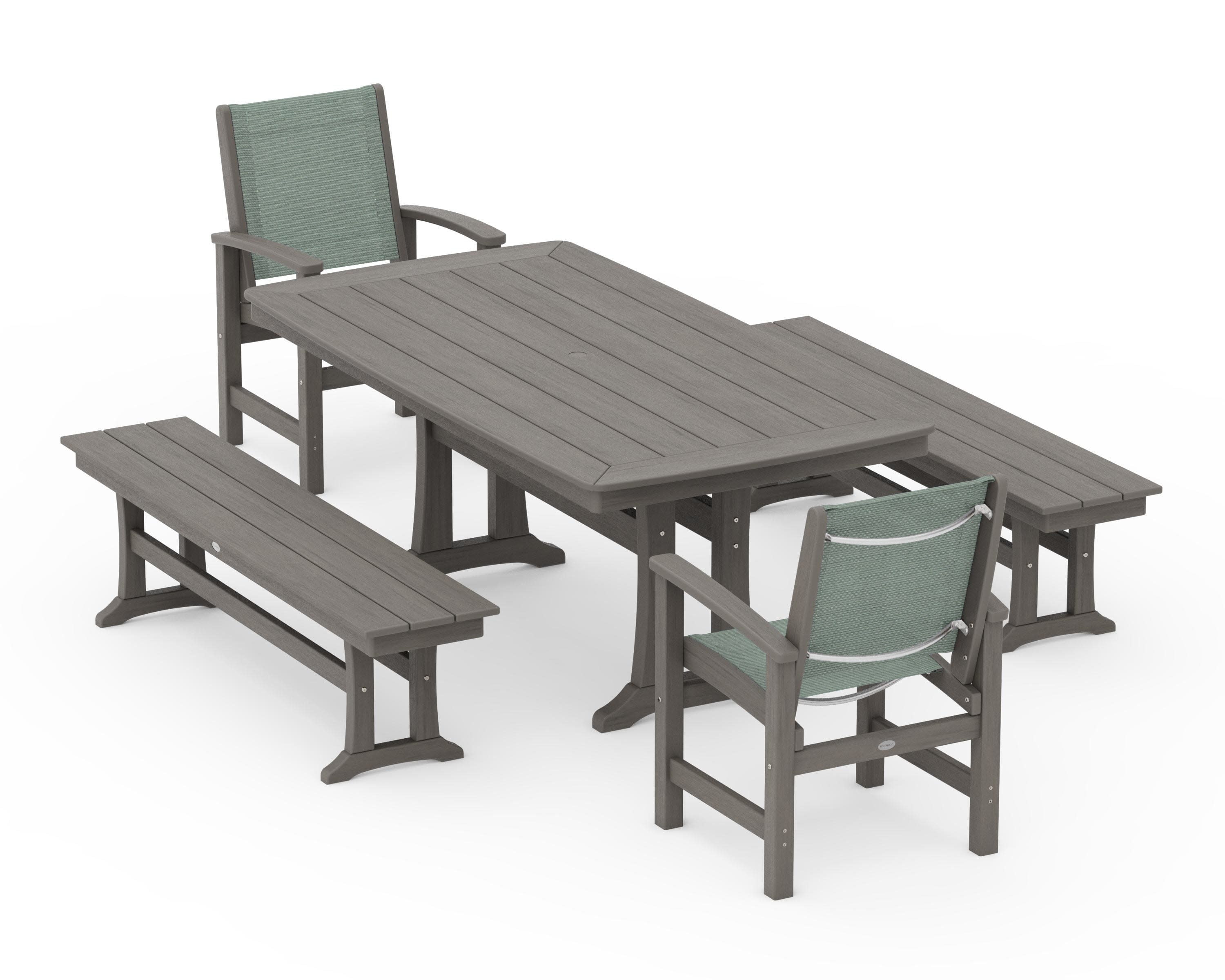 Coastal 5-Piece Dining Set with Trestle Legs and Benches in Driftwood / Dupioni Sea Mist Sling
