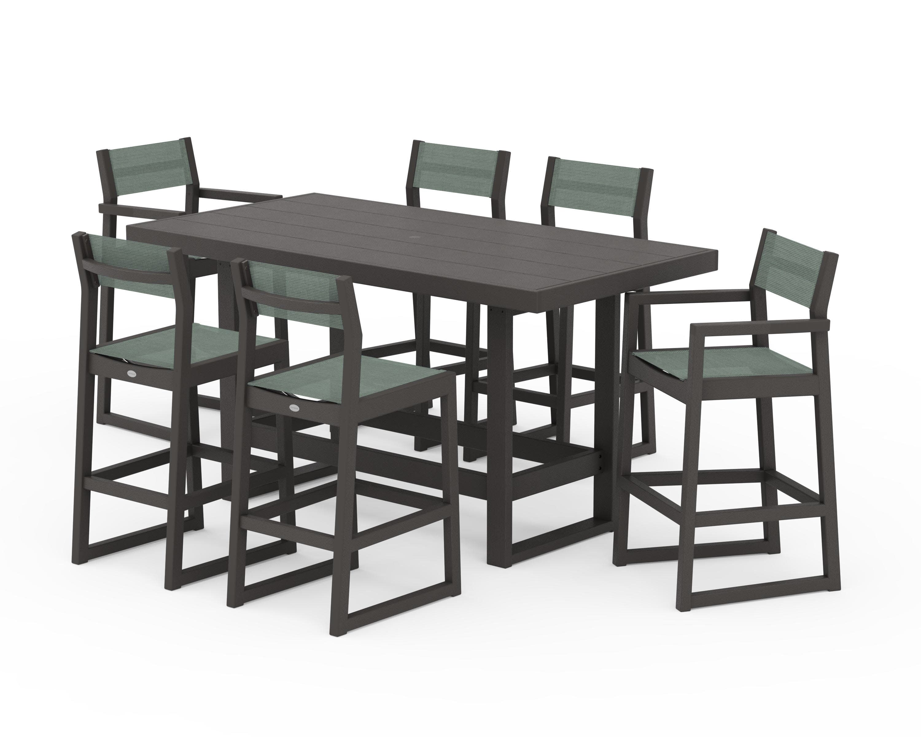 EDGE Sling 7-Piece Bar Table Set in Vintage Coffee / Dupioni Sea Mist Sling