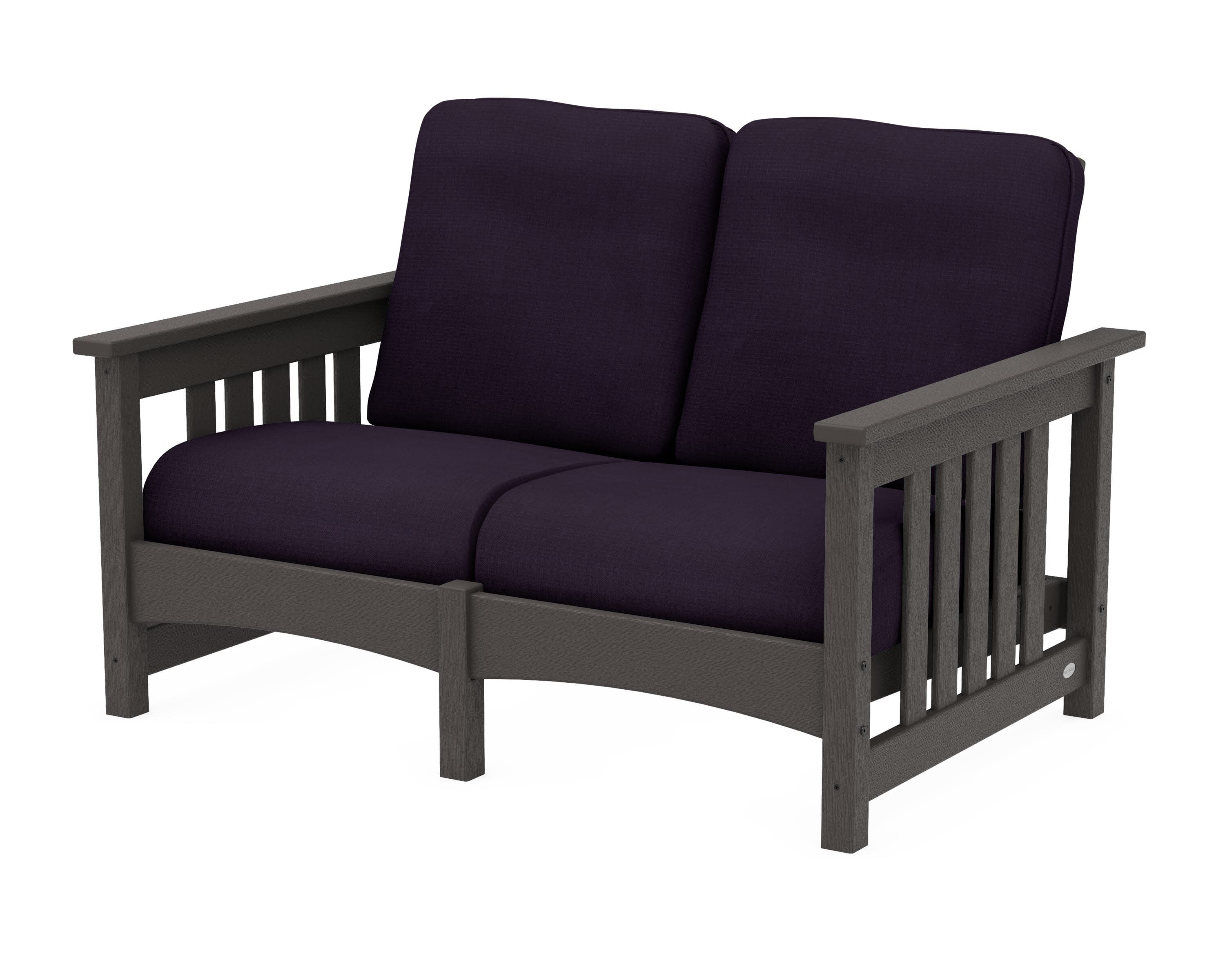 Club Mission Loveseat in Vintage Coffee / Navy Linen