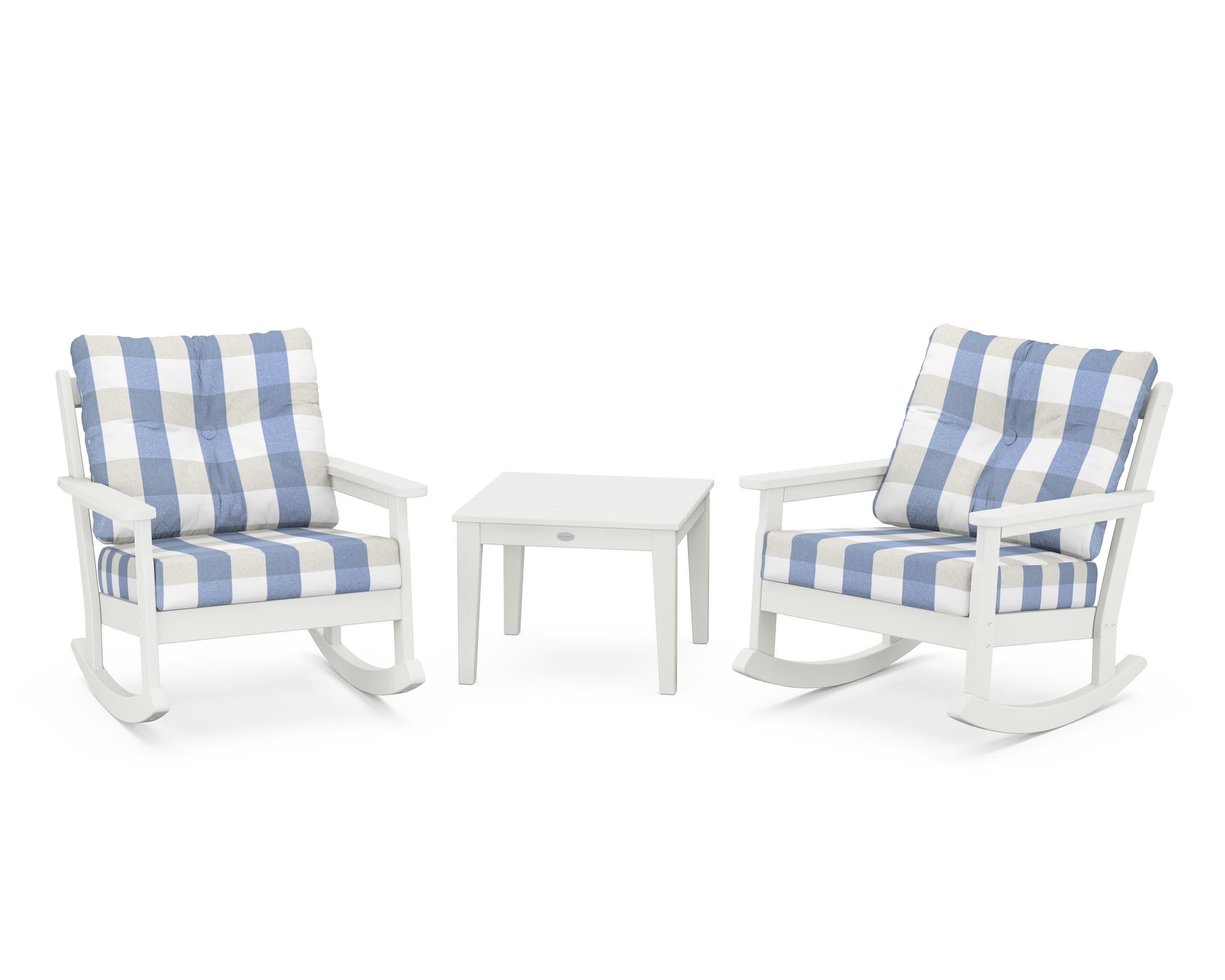 Vineyard 3-Piece Deep Seating Rocker Set in Vintage White / Buffalo Plaid Sky Blue