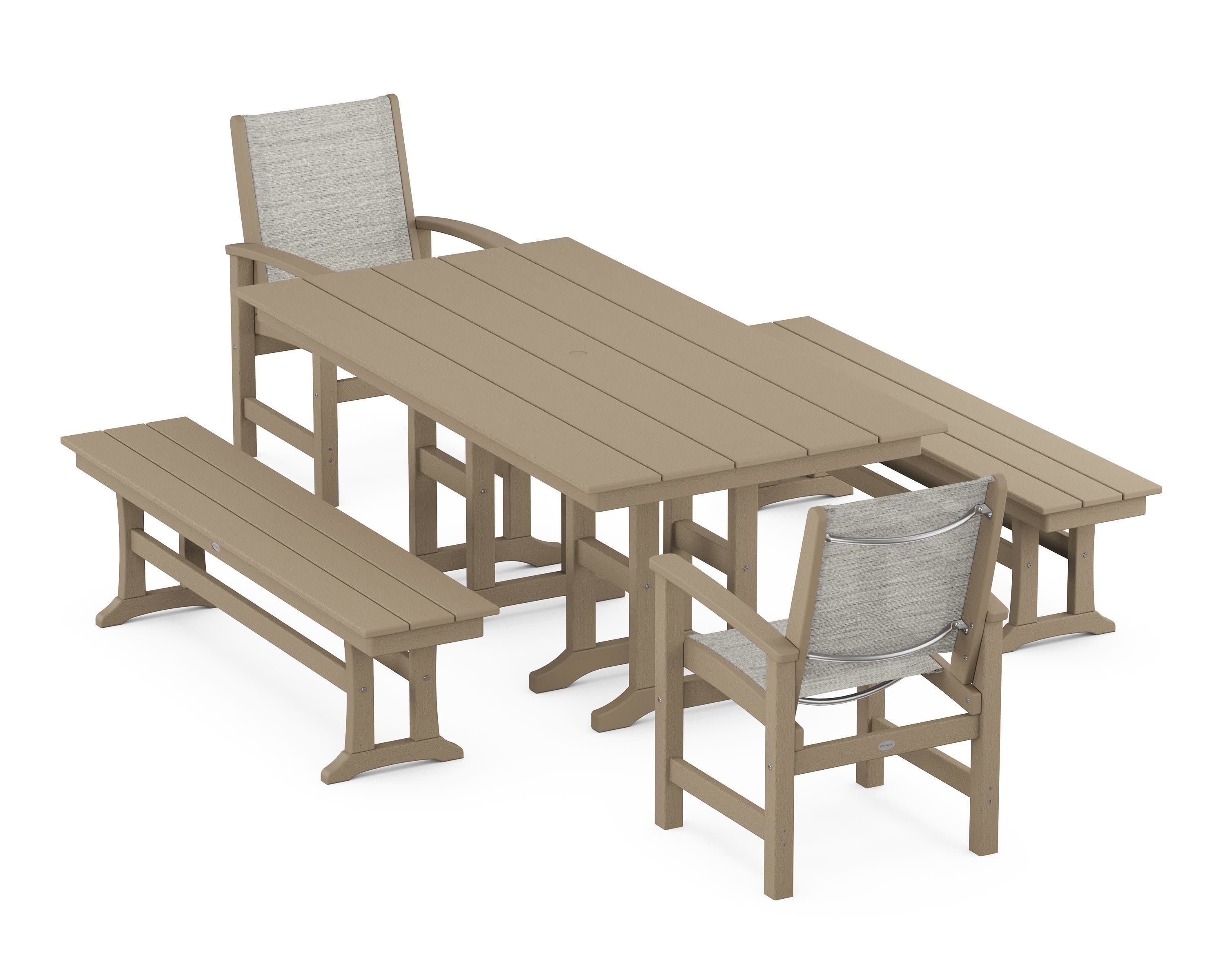 Coastal 5-Piece Farmhouse Dining Set in Vintage Sahara / Birch Sling