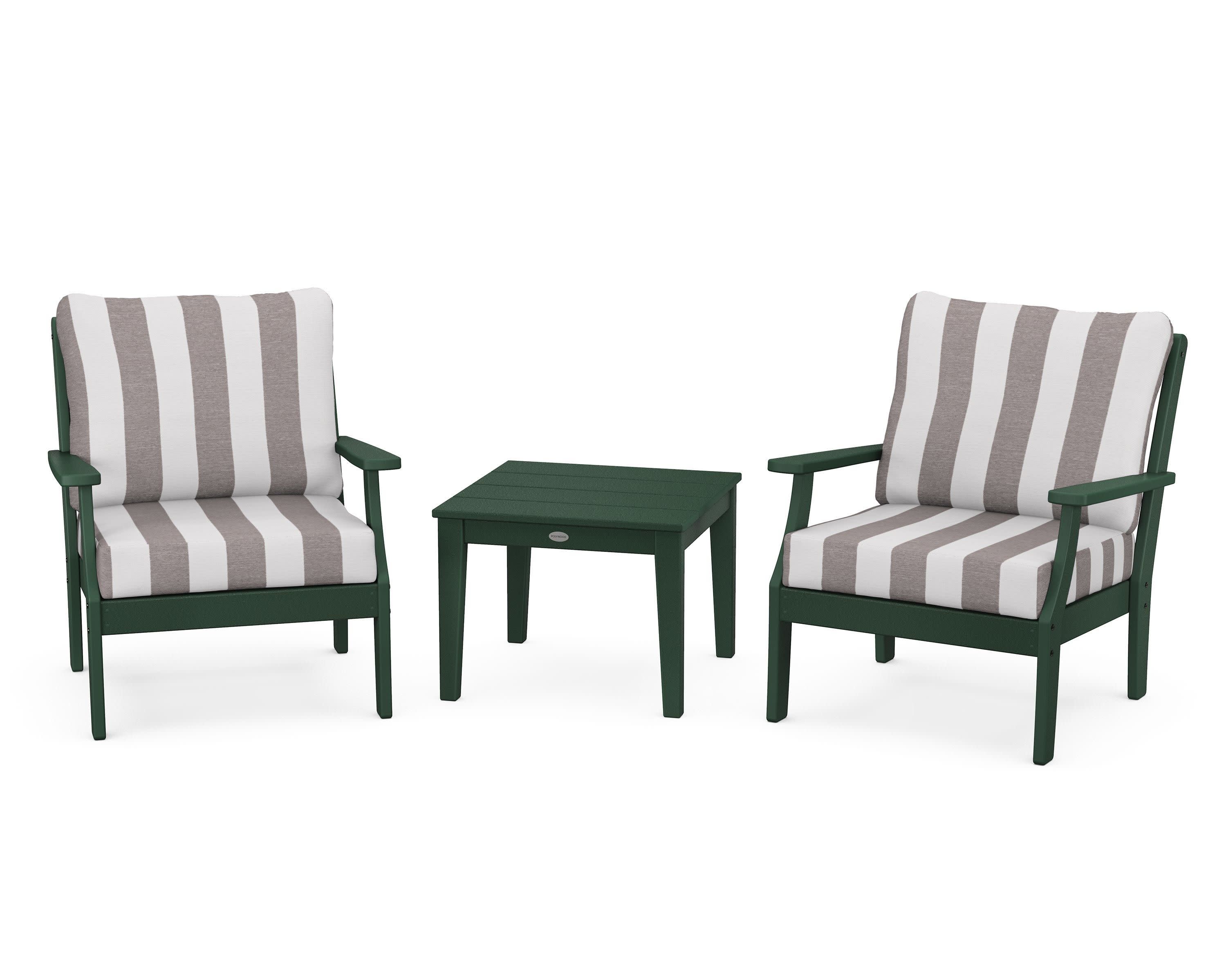 Braxton 3-Piece Deep Seating Set in Green / Cabana Stripe Grey Mist