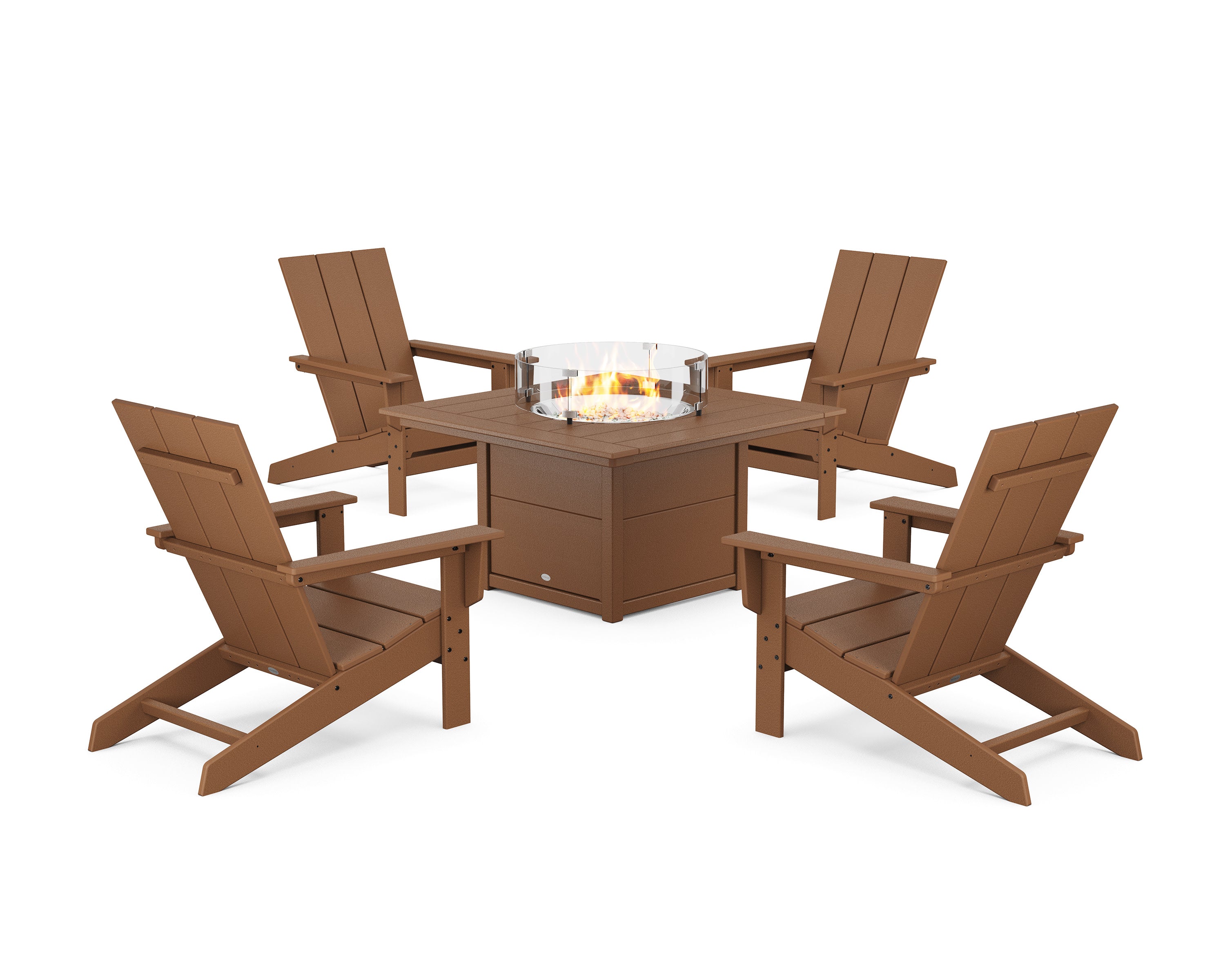 5-Piece Modern Studio Adirondack Conversation Set with Fire Pit Table in Teak