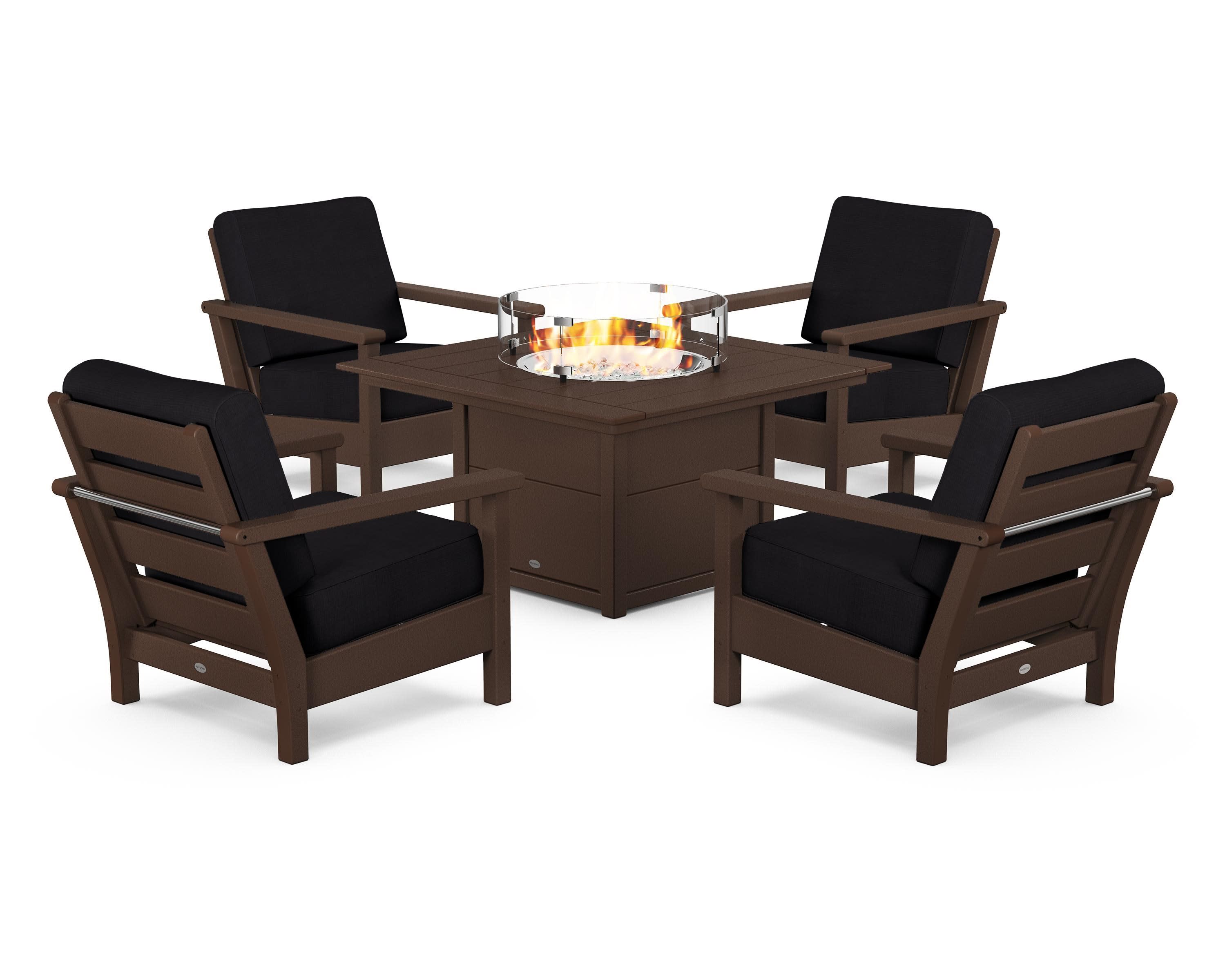 Harbour 5-Piece Conversation Set with Fire Pit Table in Mahogany / Midnight Linen