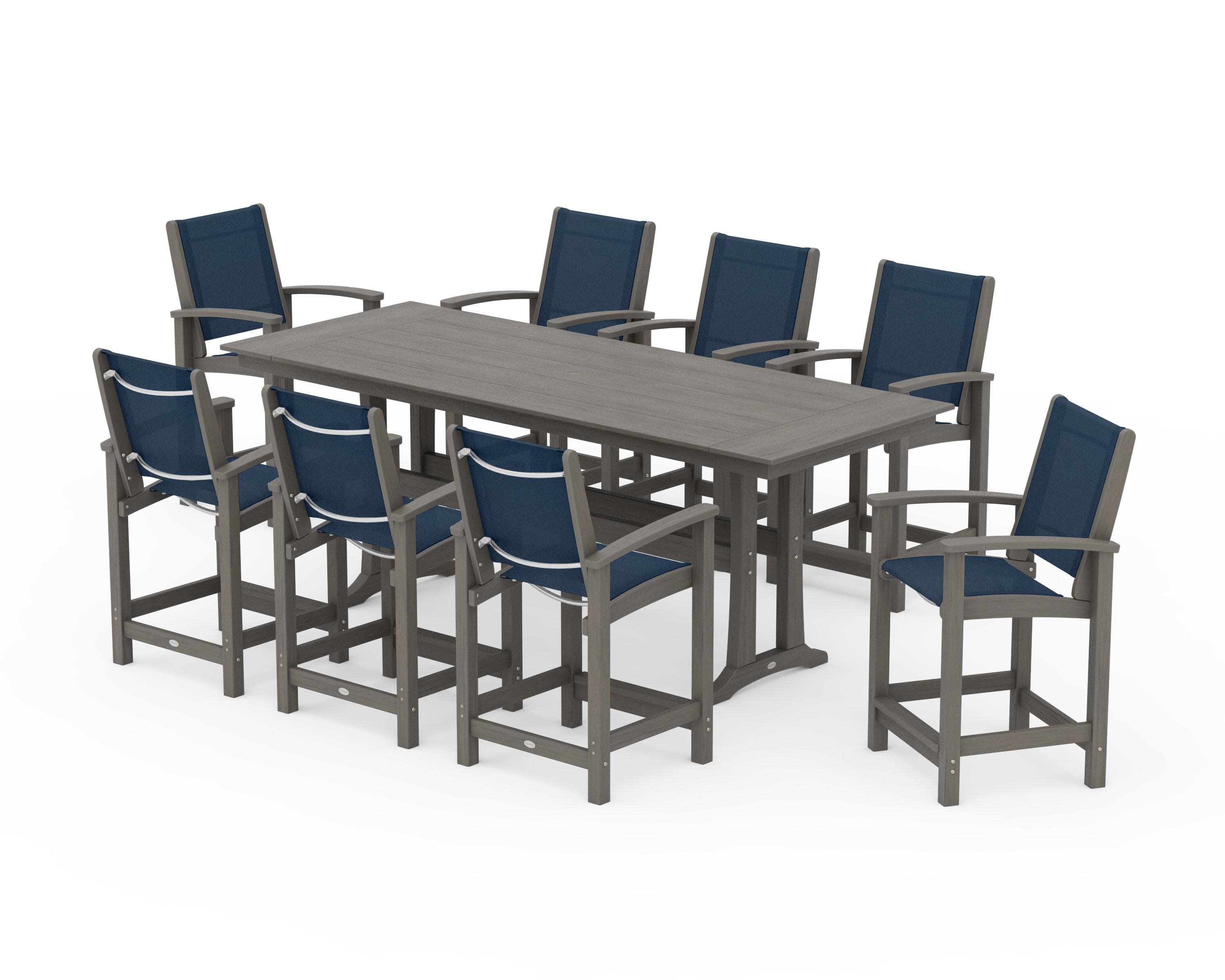 Coastal 9-Piece Farmhouse Counter Set with Trestle Legs in Driftwood / Navy Blue Sling