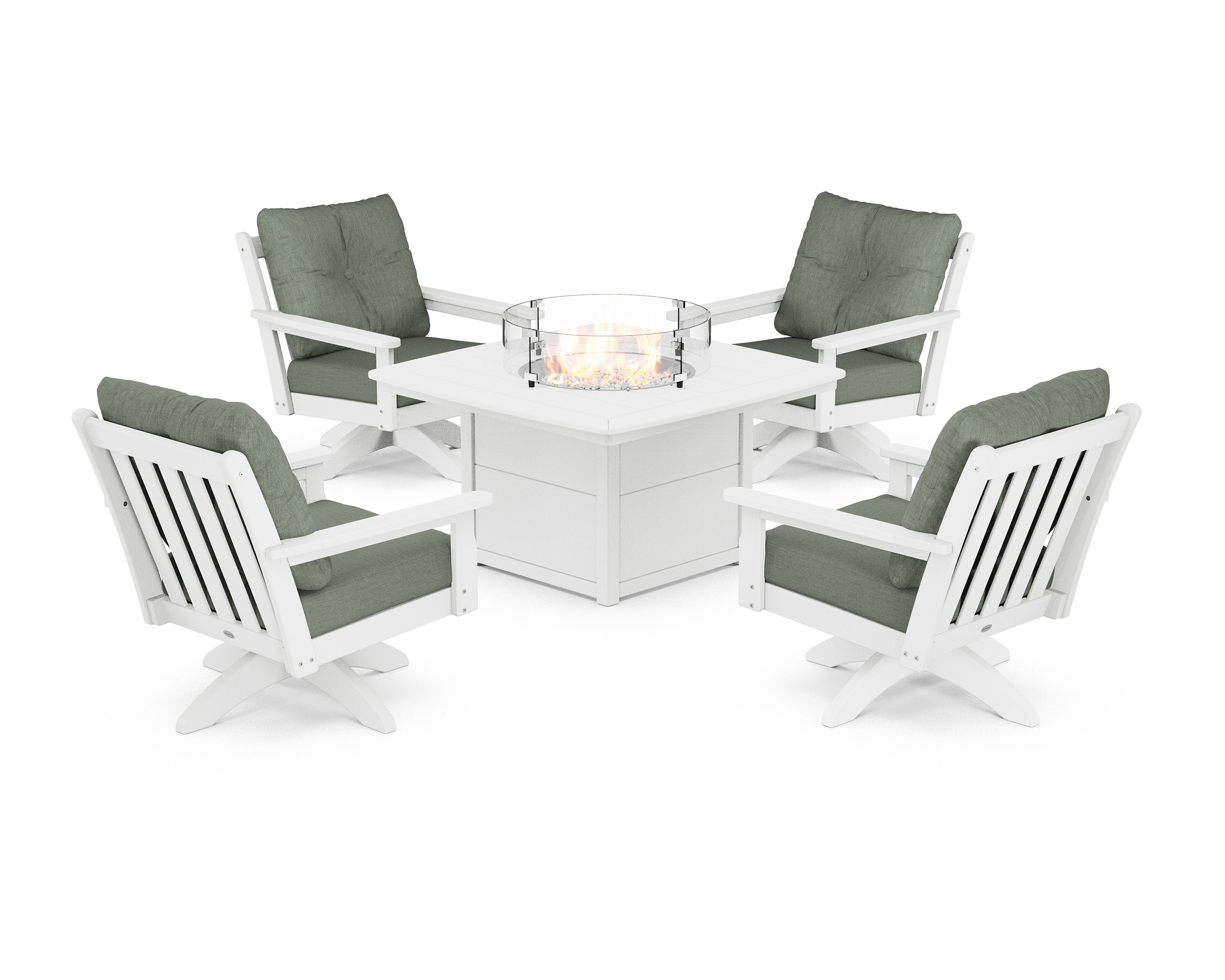 Vineyard 5-Piece Deep Seating Swivel Conversation Set with Fire Pit Table in White / Cast Sage