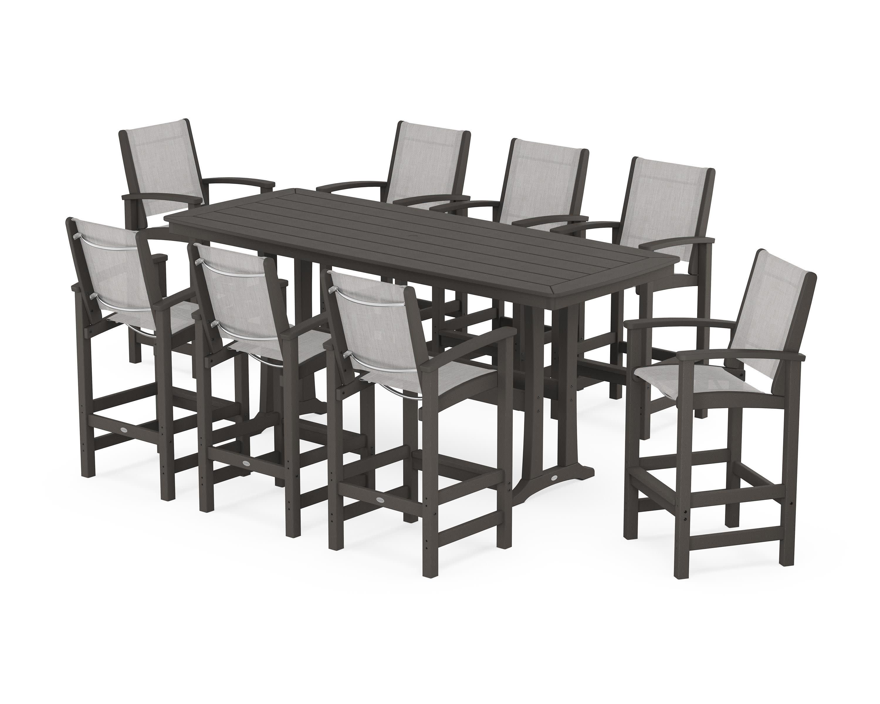 Coastal 9-Piece Bar Set with Trestle Legs in Vintage Coffee / Parchment Sling