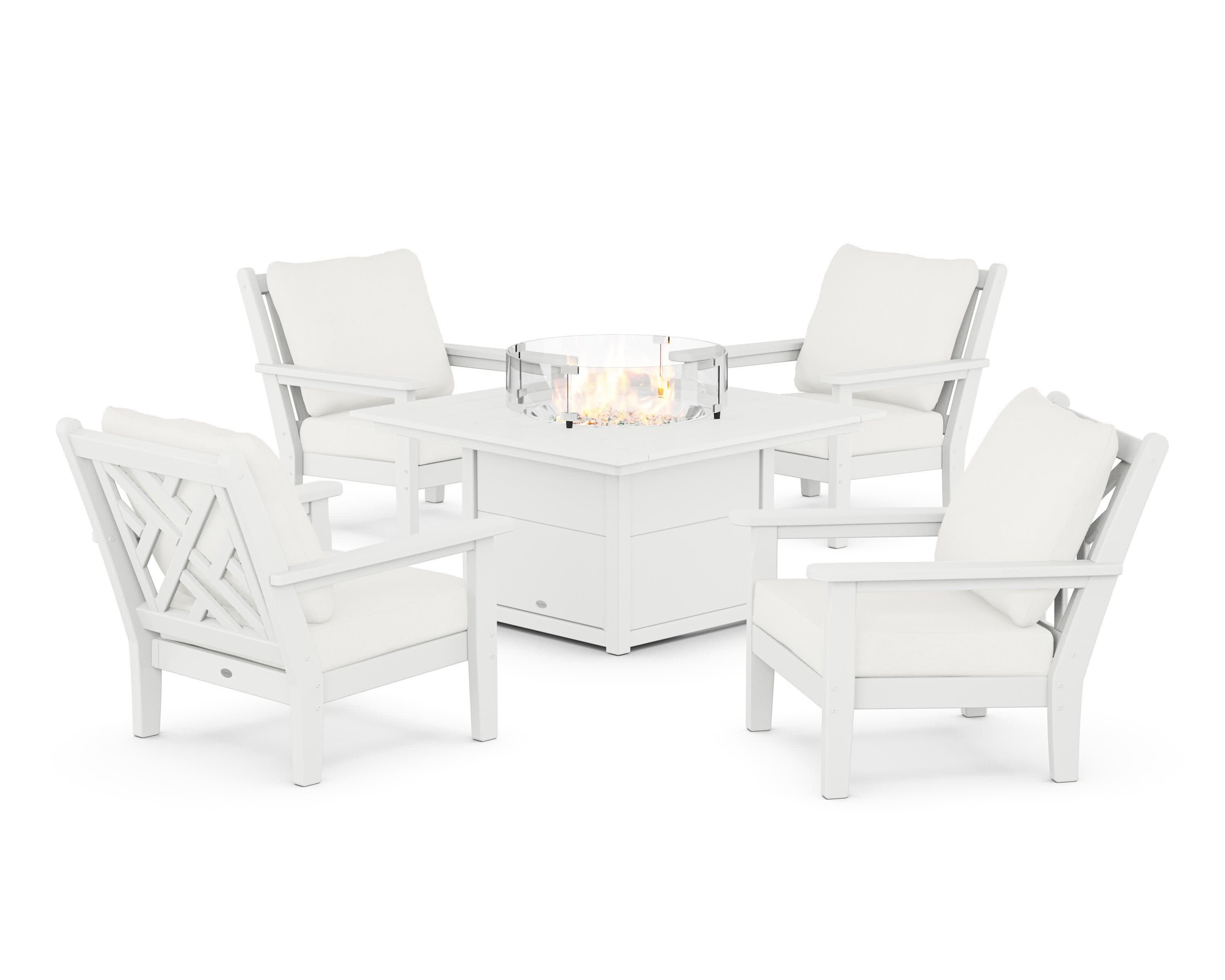 Chippendale 5-Piece Deep Seating Set with Fire Pit Table in White / Natural Linen