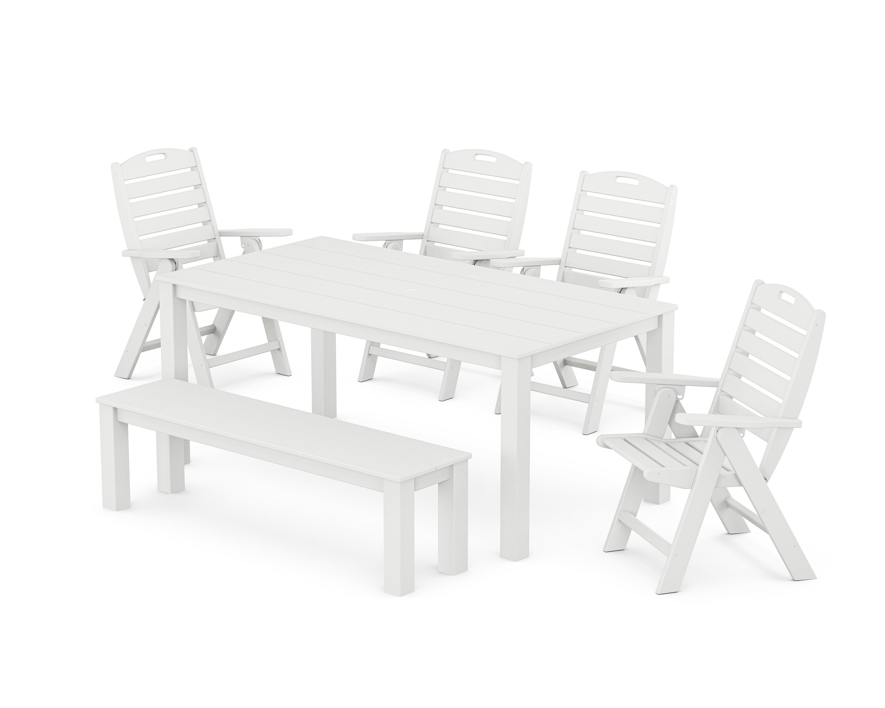 Nautical Folding Highback Chair 6-Piece Parsons Dining Set with Bench in White
