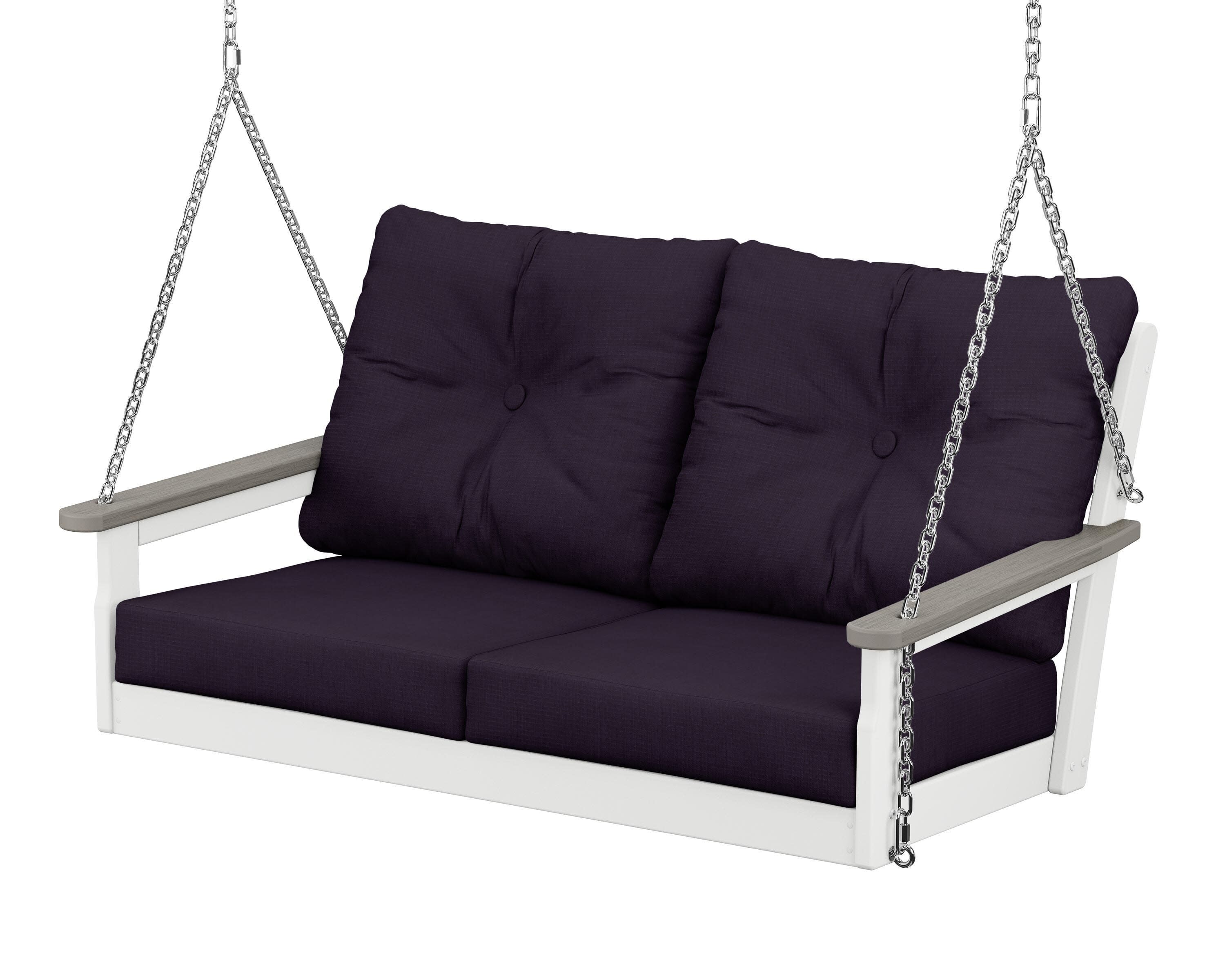 Vineyard Deep Seating Swing in White / Driftwood / Navy Linen