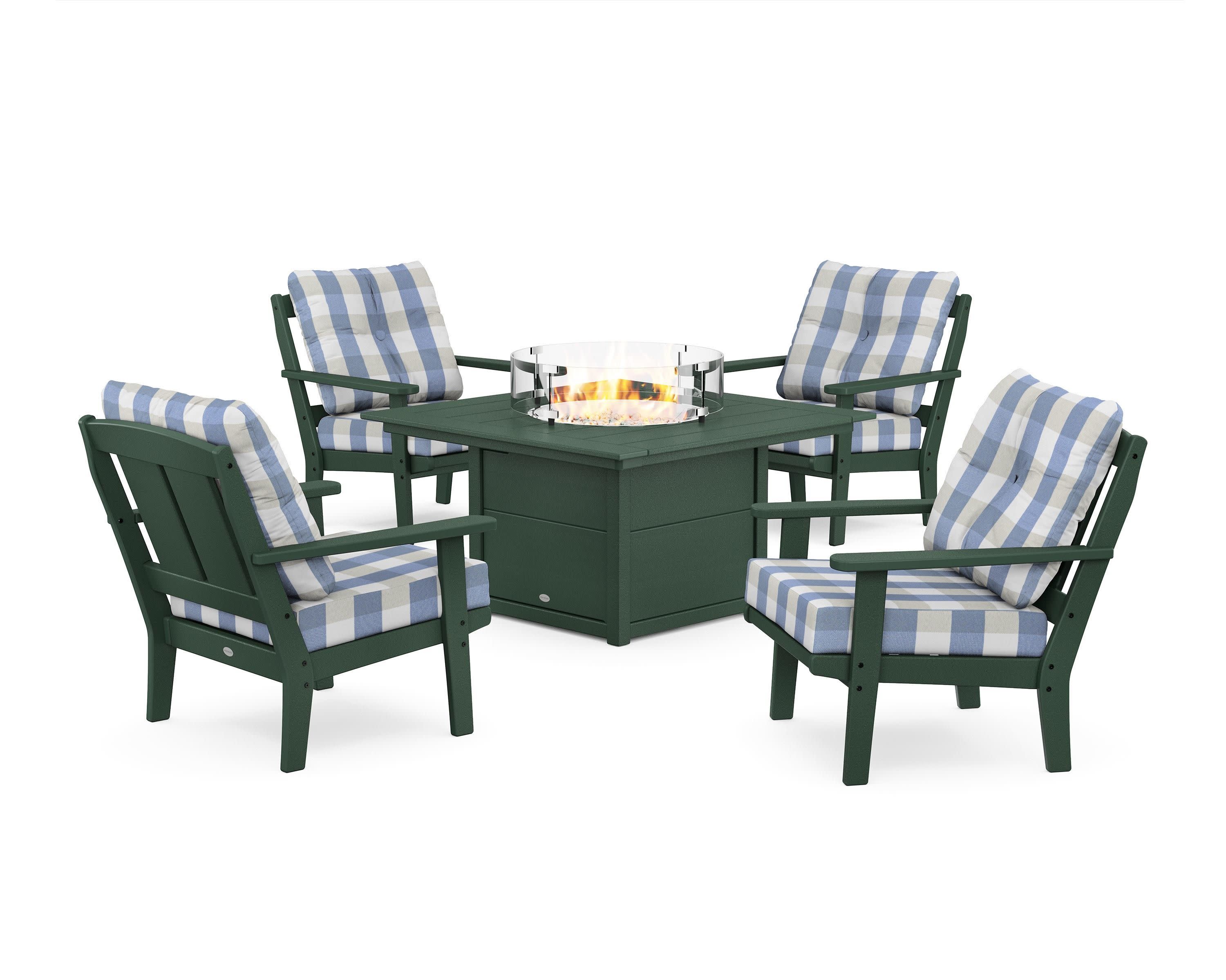 Mission 5-Piece Deep Seating Set with Fire Pit Table in Green / Buffalo Plaid Sky Blue