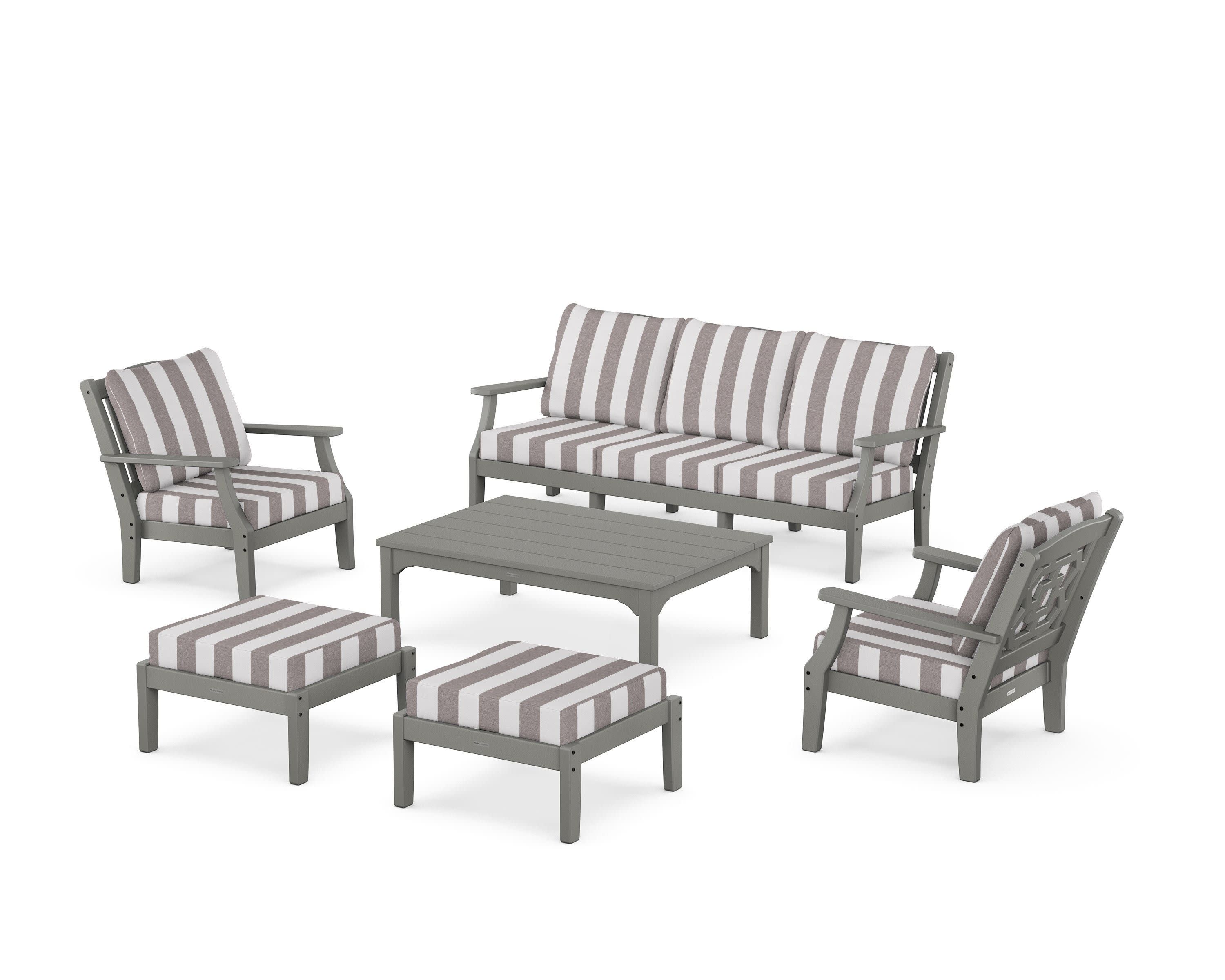 Chinoiserie 6-Piece Lounge Sofa Set in Slate Grey / Cabana Stripe Grey Mist