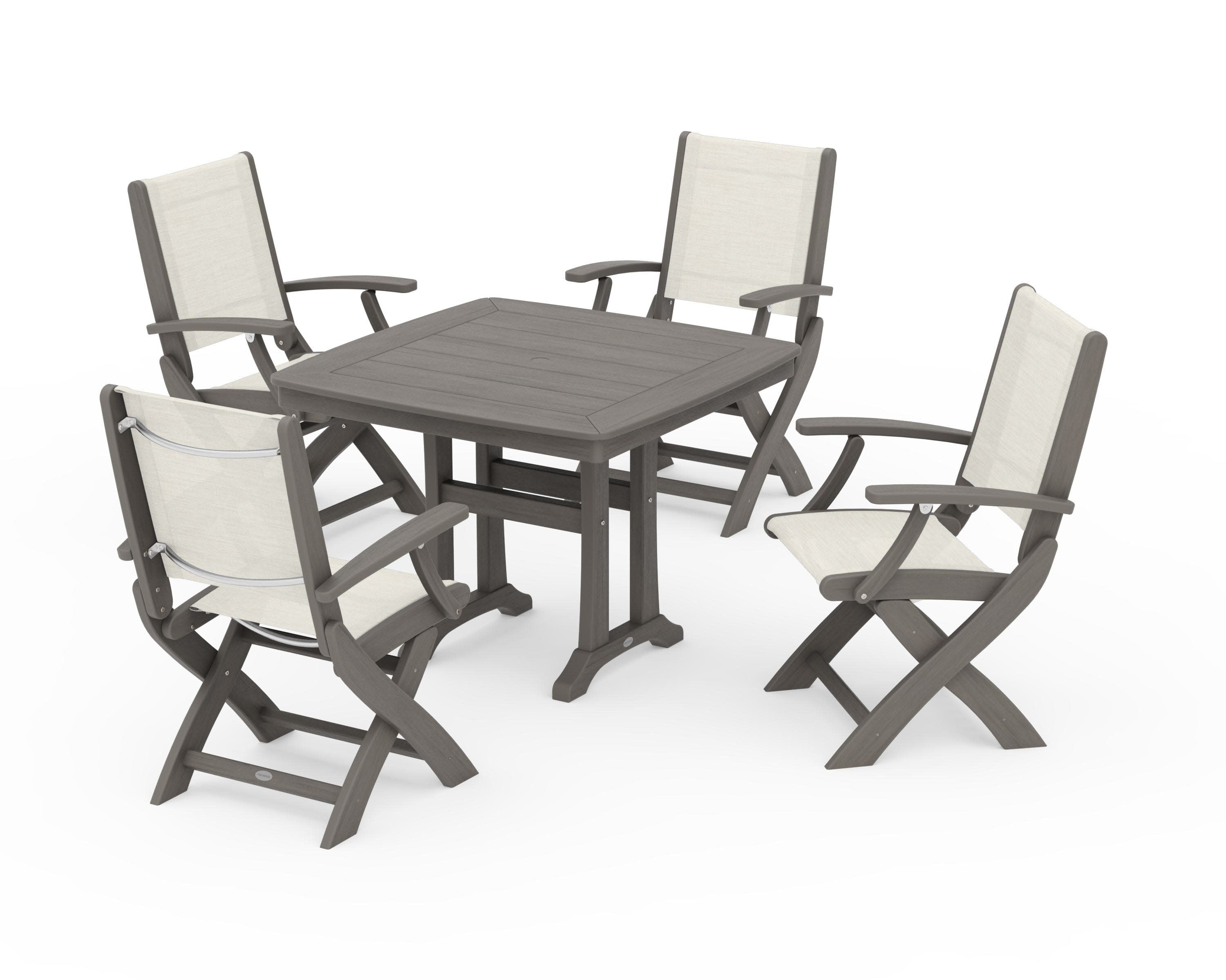 Coastal Folding Chair 5-Piece Dining Set with Trestle Legs in Driftwood / Parchment Sling