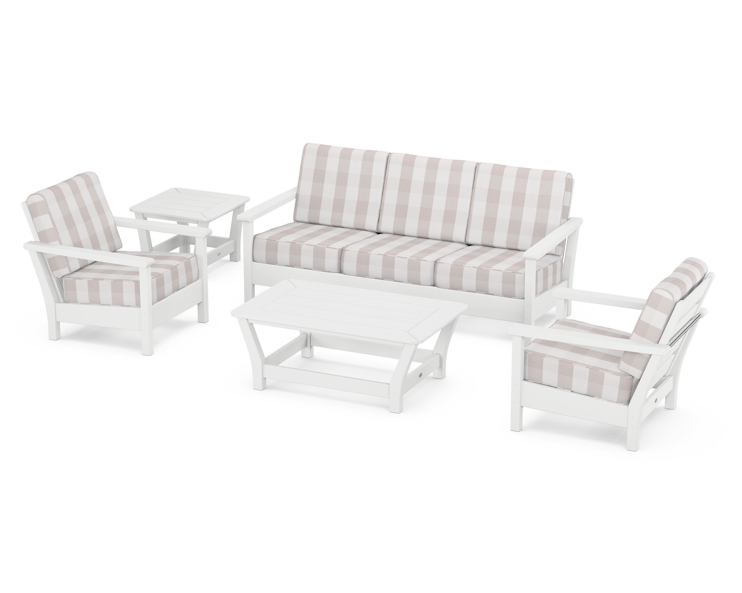 Harbour 5-Piece Deep Seating Set in White / Buffalo Plaid Dune Burlap