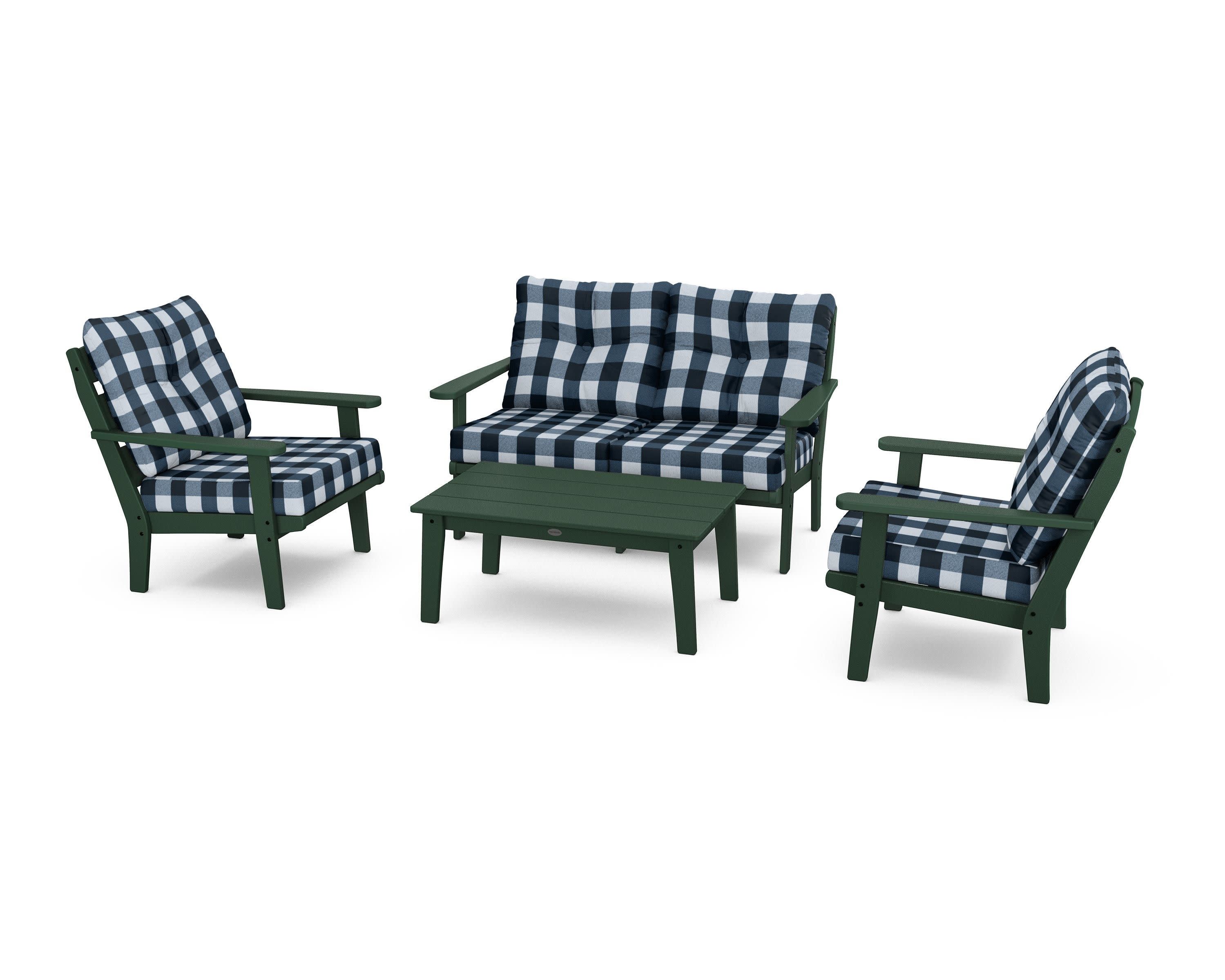 Lakeside 4-Piece Deep Seating Set in Green / Buffalo Plaid Marine Indigo