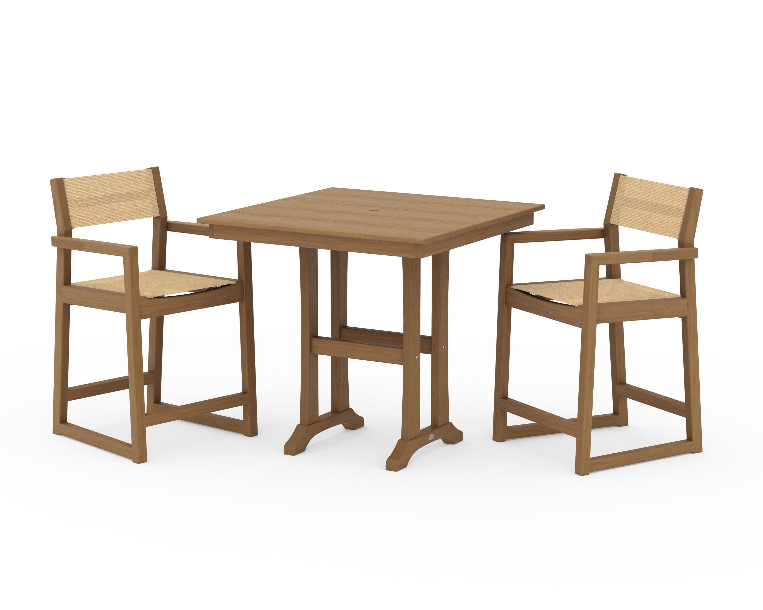 EDGE Sling Arm Chair 3-Piece Farmhouse Counter Set with Trestle Legs in Natural / Dupioni Apricot Sling