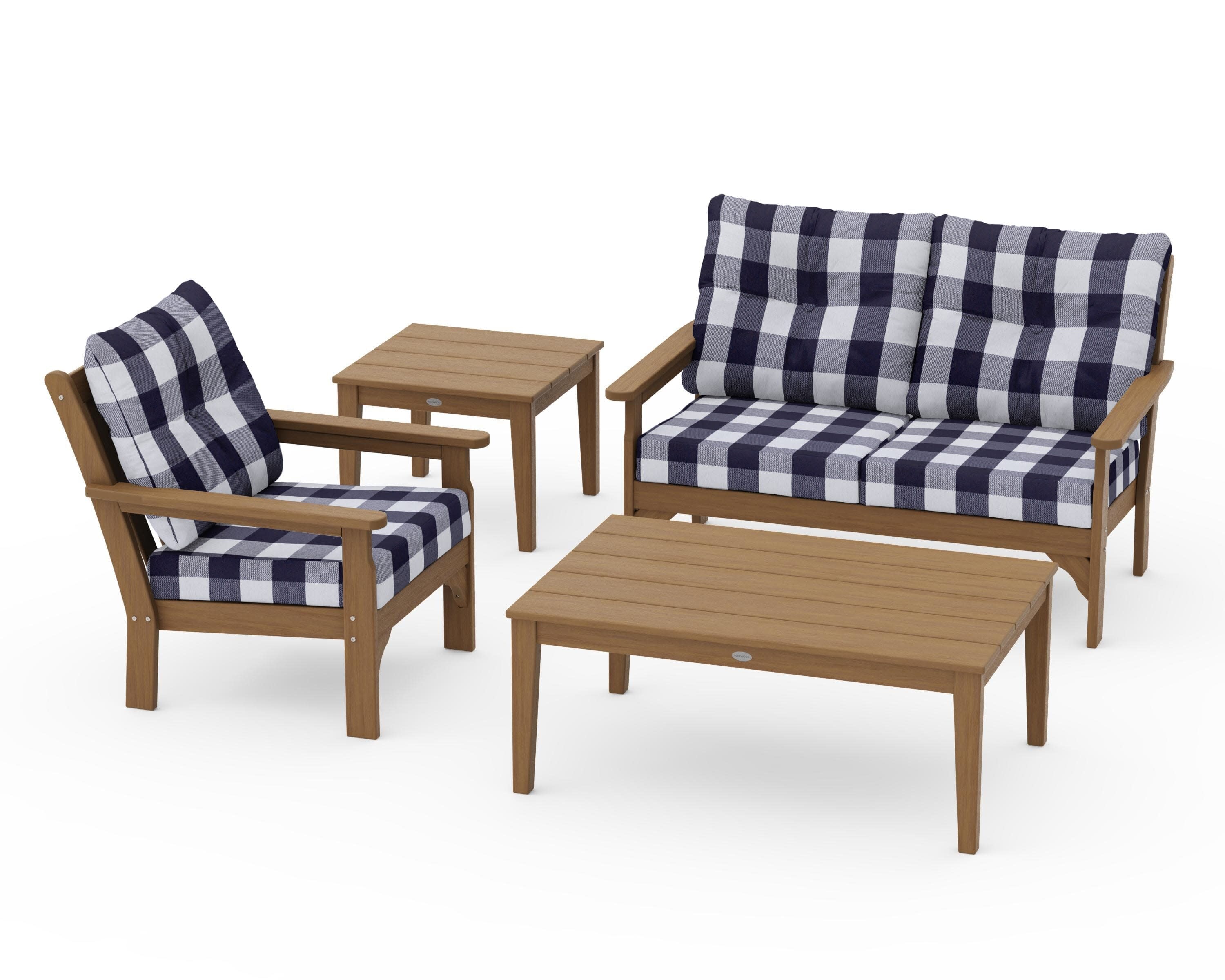 Vineyard 4-Piece Deep Seating Set in Natural / Buffalo Plaid Navy