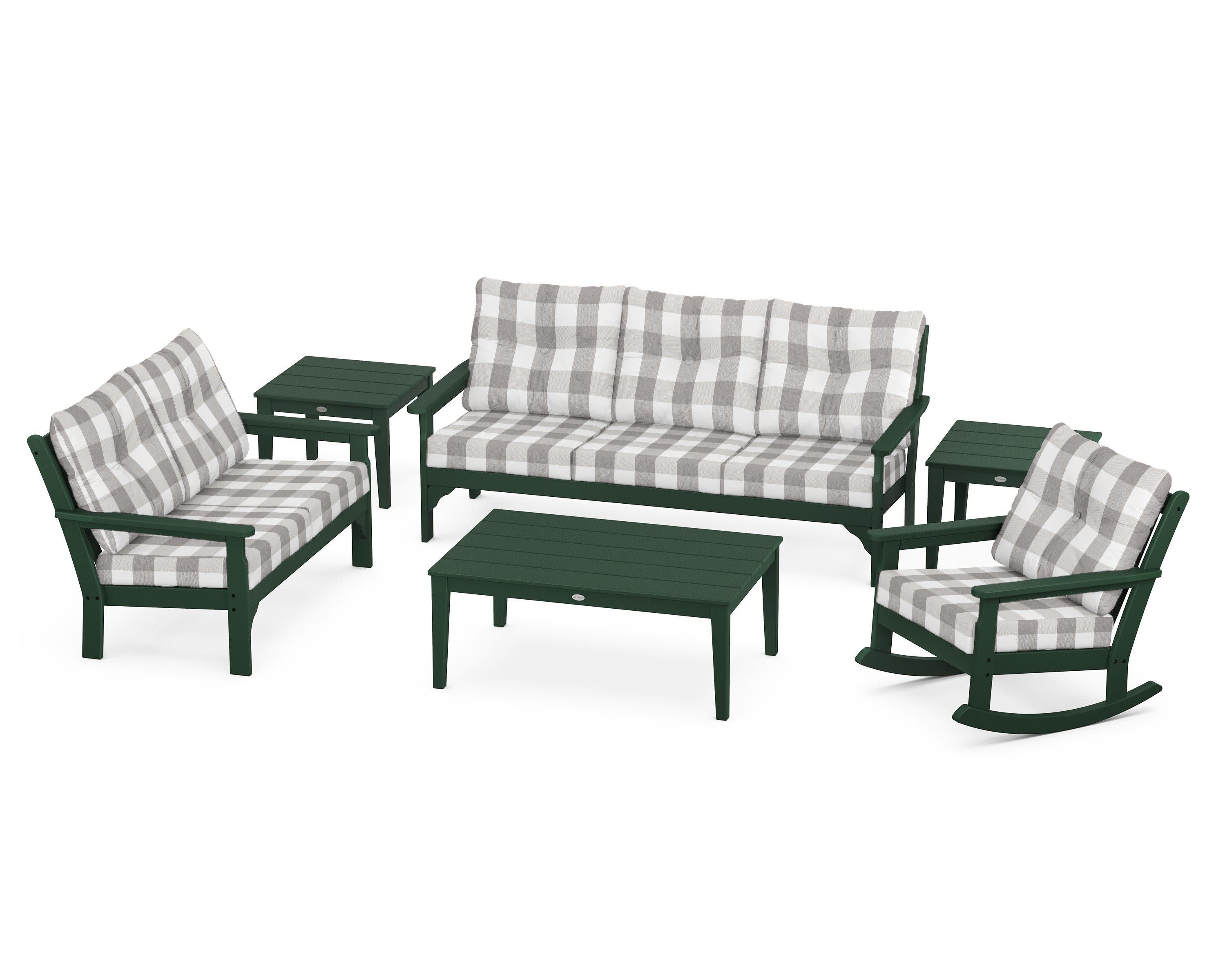 Vineyard 6-Piece Deep Seating Set in Green / Buffalo Plaid Grey Mist